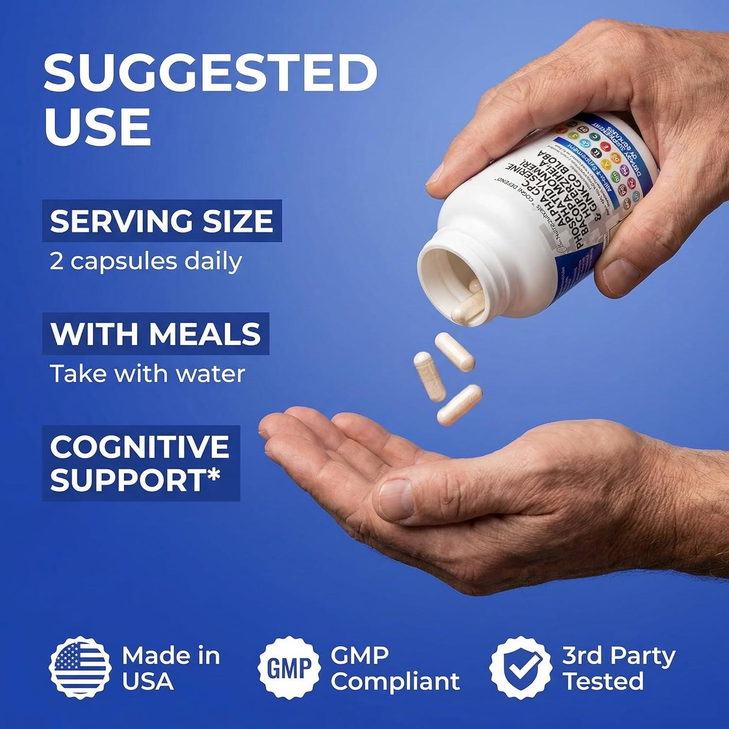 image:imageBrain Supplement Alpha GPC 300mg Phosphatidylserine Bacopa Monnieri Ginkgo Biloba Lions Mane Huperzine A LTheanine NAC Nootropic Memory Focus Cognitive Support Vitamins B C D E 60 Capsules USA1