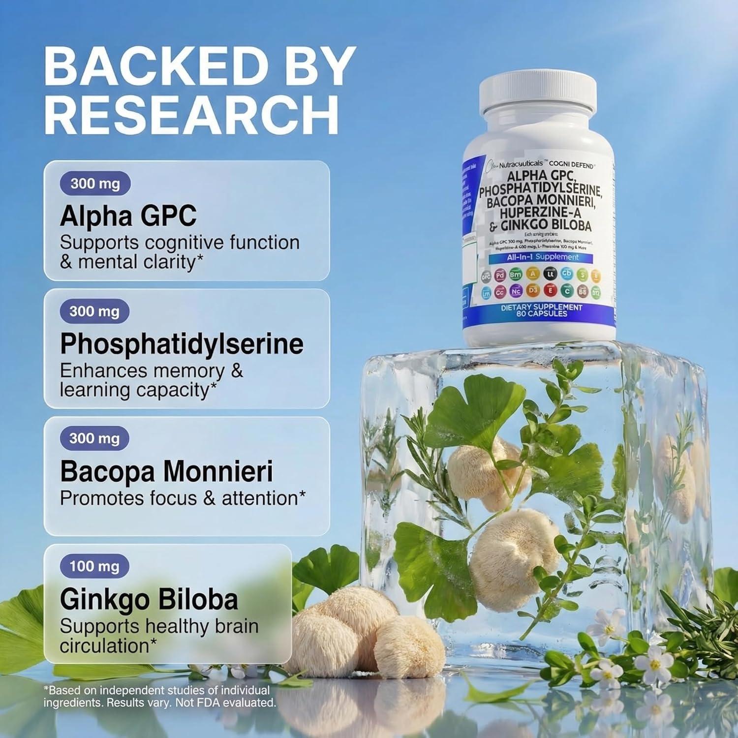 image:imageBrain Supplement Alpha GPC 300mg Phosphatidylserine Bacopa Monnieri Ginkgo Biloba Lions Mane Huperzine A LTheanine NAC Nootropic Memory Focus Cognitive Support Vitamins B C D E 60 Capsules USA1
