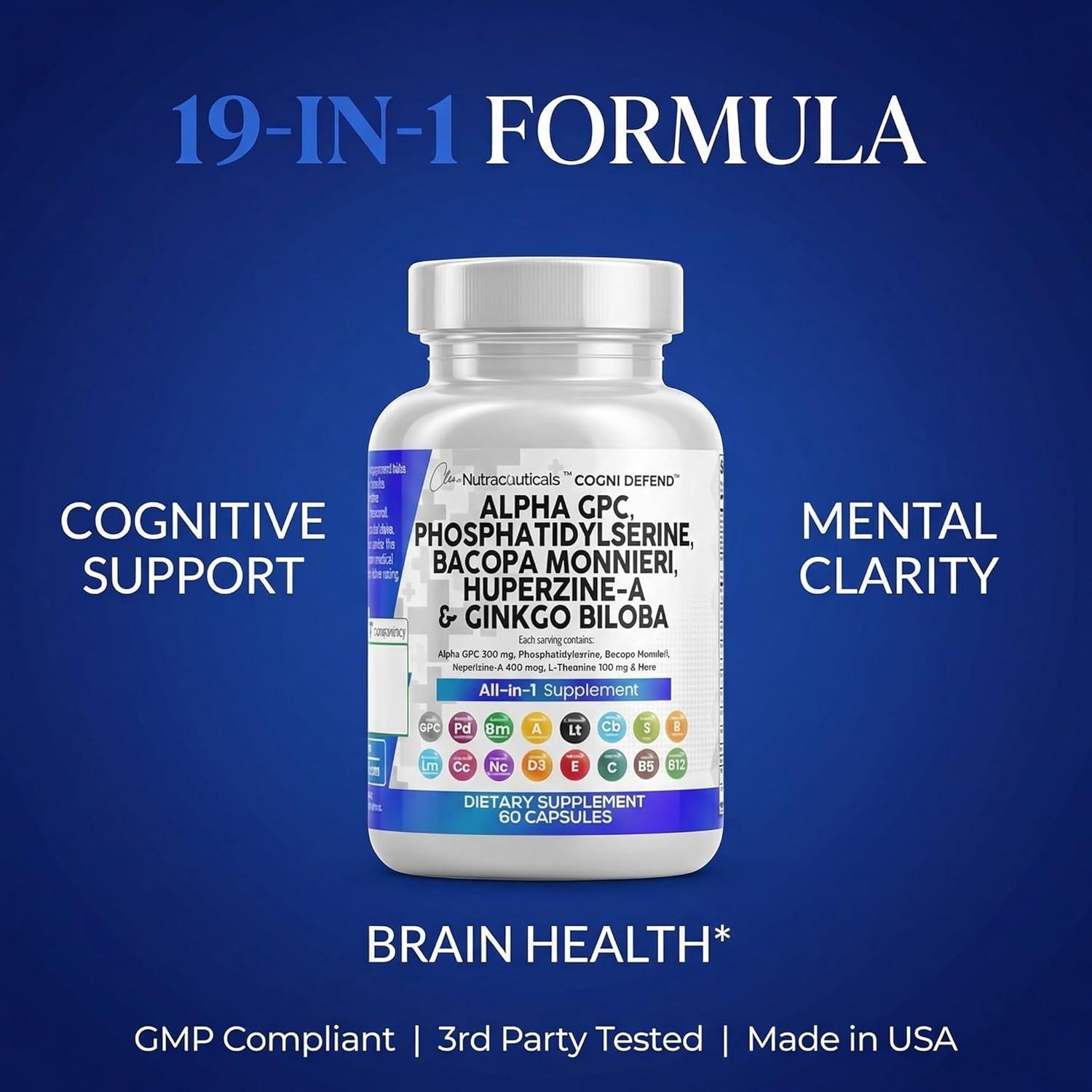 image:imageBrain Supplement Alpha GPC 300mg Phosphatidylserine Bacopa Monnieri Ginkgo Biloba Lions Mane Huperzine A LTheanine NAC Nootropic Memory Focus Cognitive Support Vitamins B C D E 60 Capsules USA1