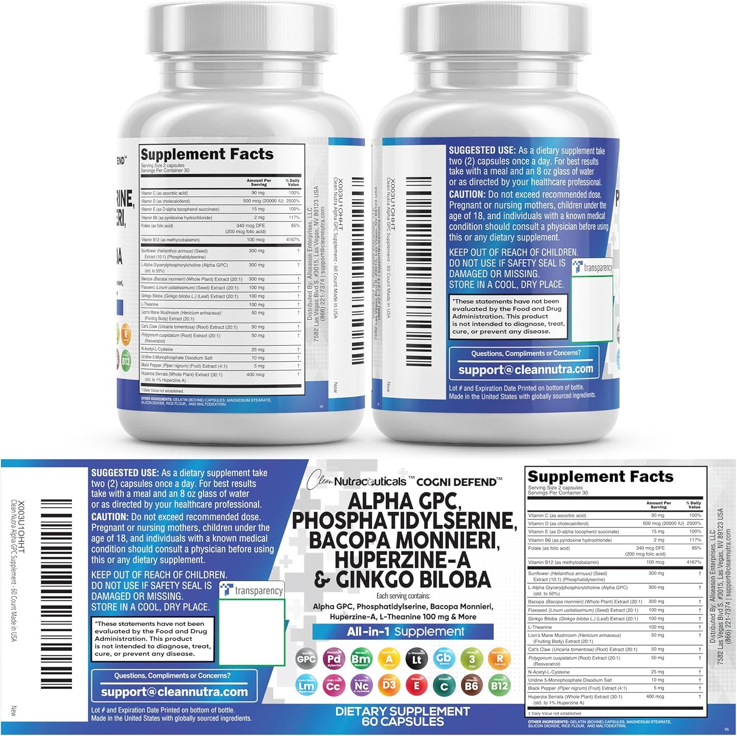 image:imageBrain Supplement Alpha GPC 300mg Phosphatidylserine Bacopa Monnieri Ginkgo Biloba Lions Mane Huperzine A LTheanine NAC Nootropic Memory Focus Cognitive Support Vitamins B C D E 60 Capsules USA1