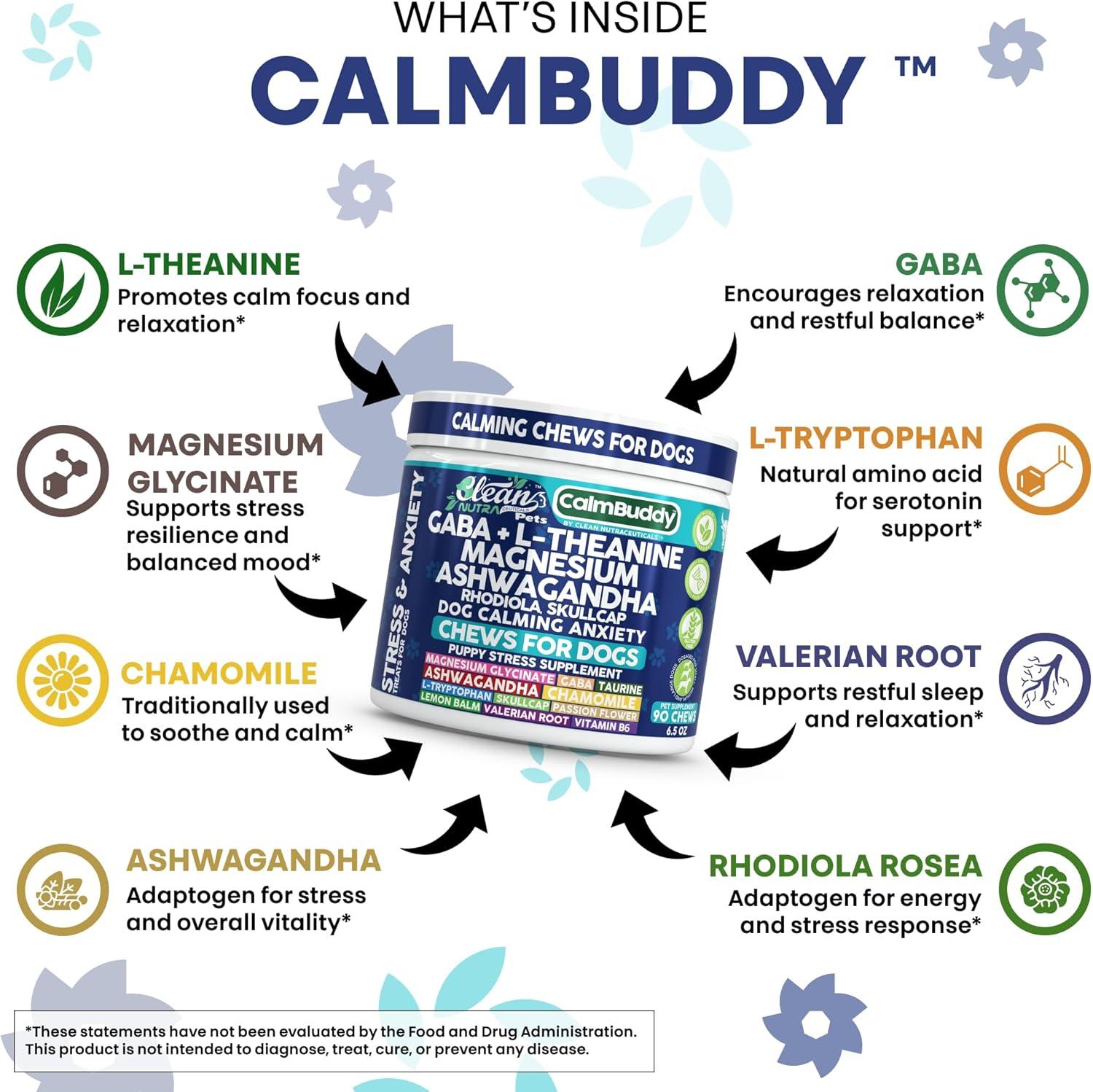 image:imageCalmBuddy Anxiety and Stress Relief Supplements GABA LTheanine Magnesium Ashwagandha Rhodiola Rosea Chamomile LTryptophan Skullcap Taurine Valerian Root 60 Beef Flavor Chew by Clean Nutra Pets