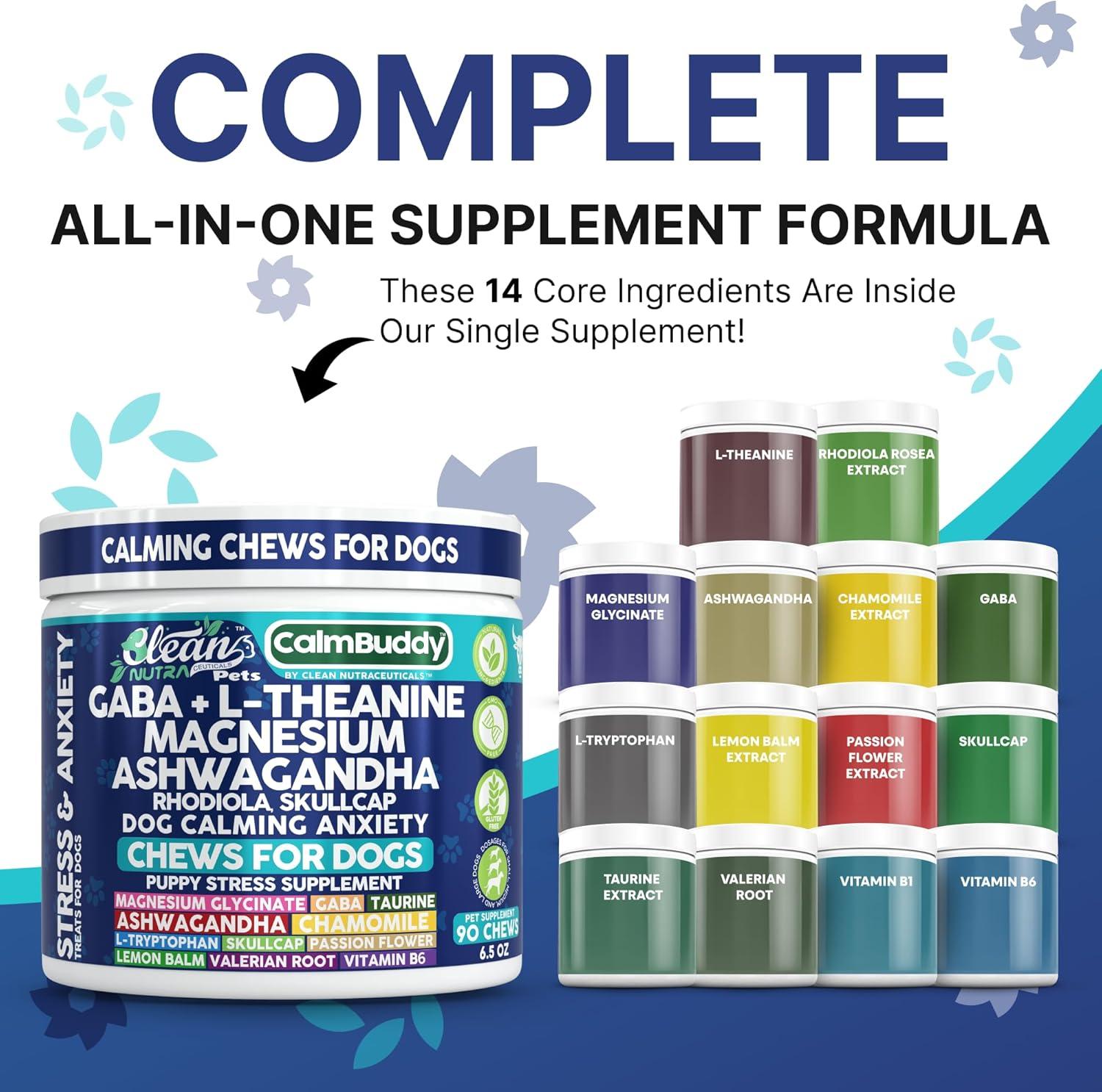 image:imageCalmBuddy Anxiety and Stress Relief Supplements GABA LTheanine Magnesium Ashwagandha Rhodiola Rosea Chamomile LTryptophan Skullcap Taurine Valerian Root 60 Beef Flavor Chew by Clean Nutra Pets