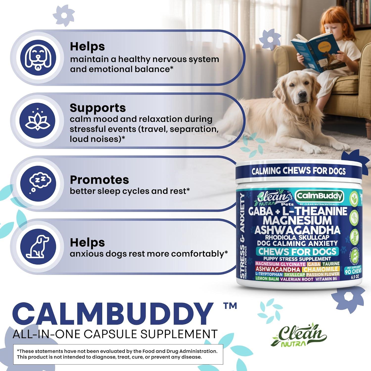 image:imageCalmBuddy Anxiety and Stress Relief Supplements GABA LTheanine Magnesium Ashwagandha Rhodiola Rosea Chamomile LTryptophan Skullcap Taurine Valerian Root 60 Beef Flavor Chew by Clean Nutra Pets