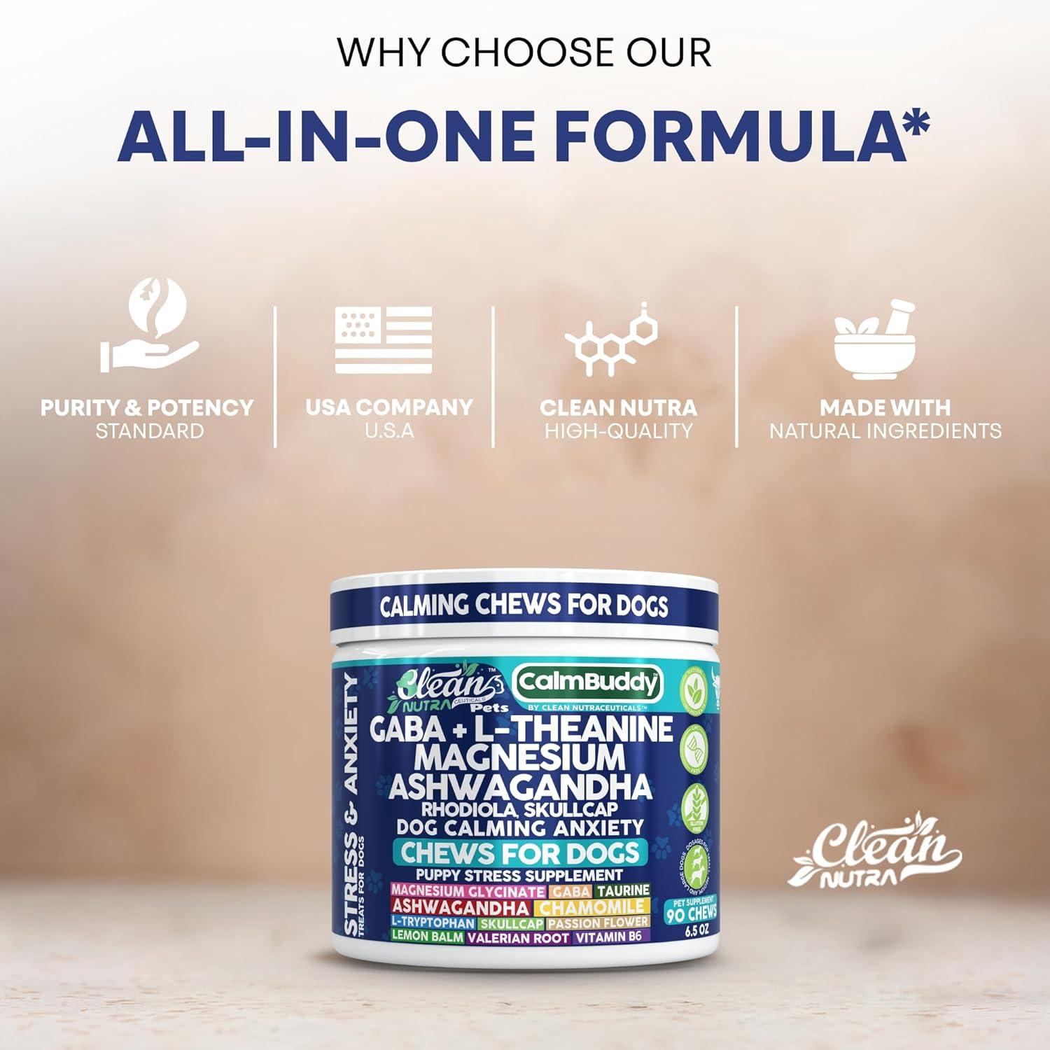 image:imageCalmBuddy Anxiety and Stress Relief Supplements GABA LTheanine Magnesium Ashwagandha Rhodiola Rosea Chamomile LTryptophan Skullcap Taurine Valerian Root 60 Beef Flavor Chew by Clean Nutra Pets