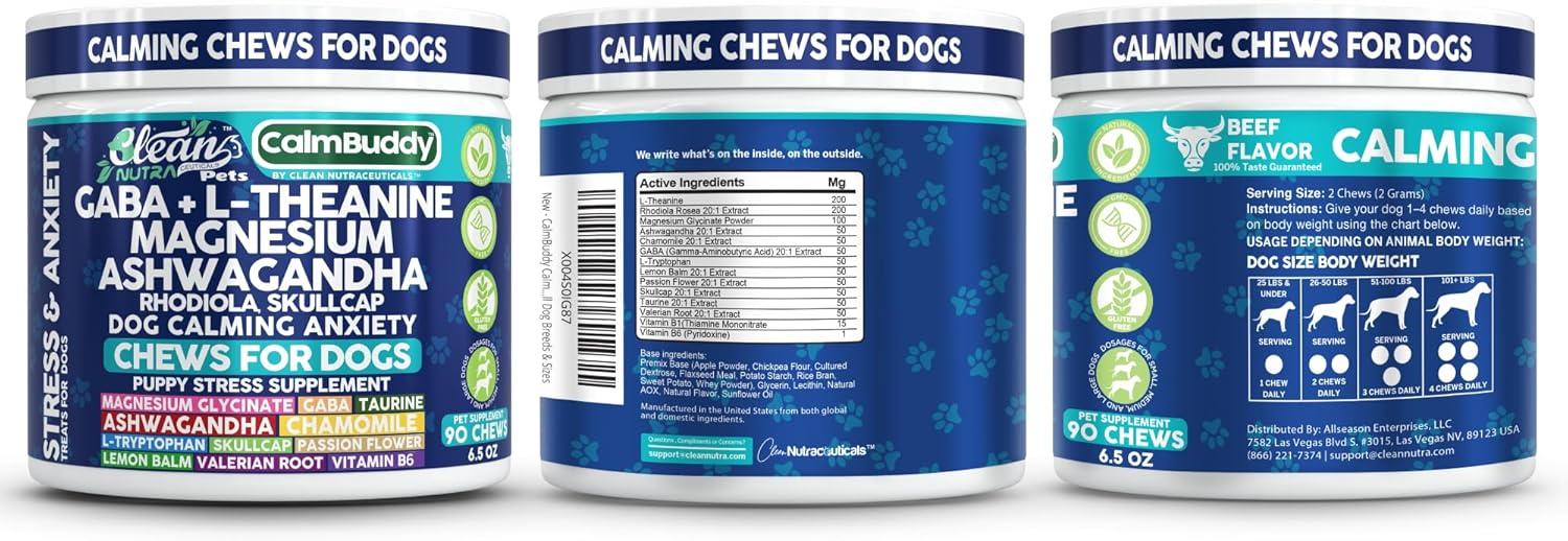 image:imageCalmBuddy Anxiety and Stress Relief Supplements GABA LTheanine Magnesium Ashwagandha Rhodiola Rosea Chamomile LTryptophan Skullcap Taurine Valerian Root 60 Beef Flavor Chew by Clean Nutra Pets