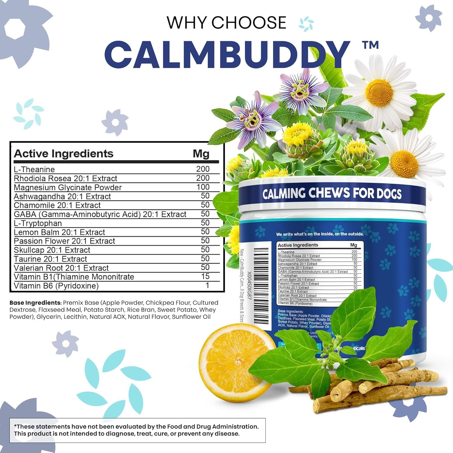 image:imageCalmBuddy Anxiety and Stress Relief Supplements GABA LTheanine Magnesium Ashwagandha Rhodiola Rosea Chamomile LTryptophan Skullcap Taurine Valerian Root 60 Beef Flavor Chew by Clean Nutra Pets