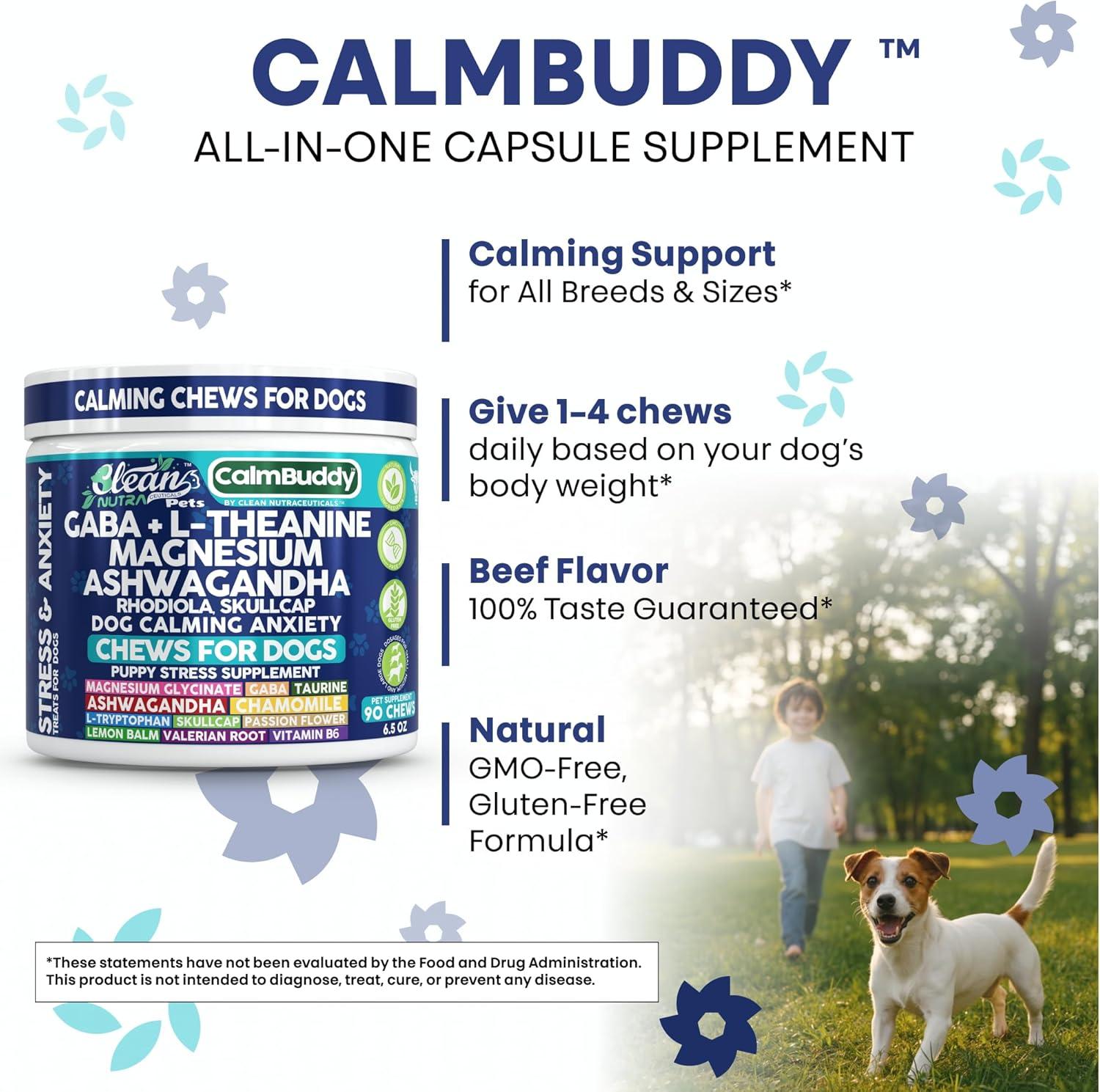 image:imageCalmBuddy Anxiety and Stress Relief Supplements GABA LTheanine Magnesium Ashwagandha Rhodiola Rosea Chamomile LTryptophan Skullcap Taurine Valerian Root 60 Beef Flavor Chew by Clean Nutra Pets