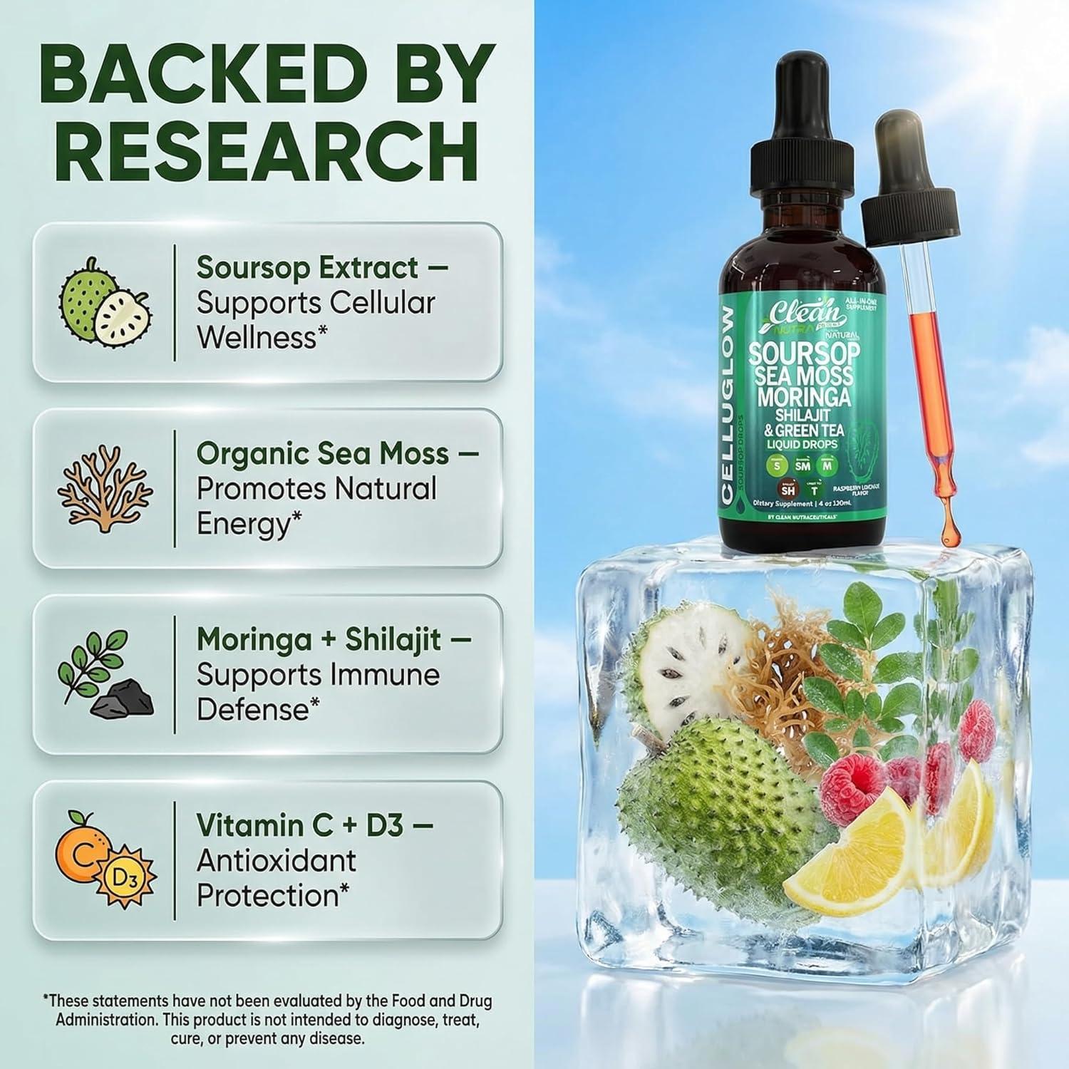 image:imageCelluGlow Soursop Bitters Liquid Drops Green Tea Extract Sea Moss Moringa Shilajit Vitamin C D3 Garlic Turmeric Ginger Reishi Mushroom Grape Seed Lycopene Immune Support Supplement by Clean Nutra 4oz