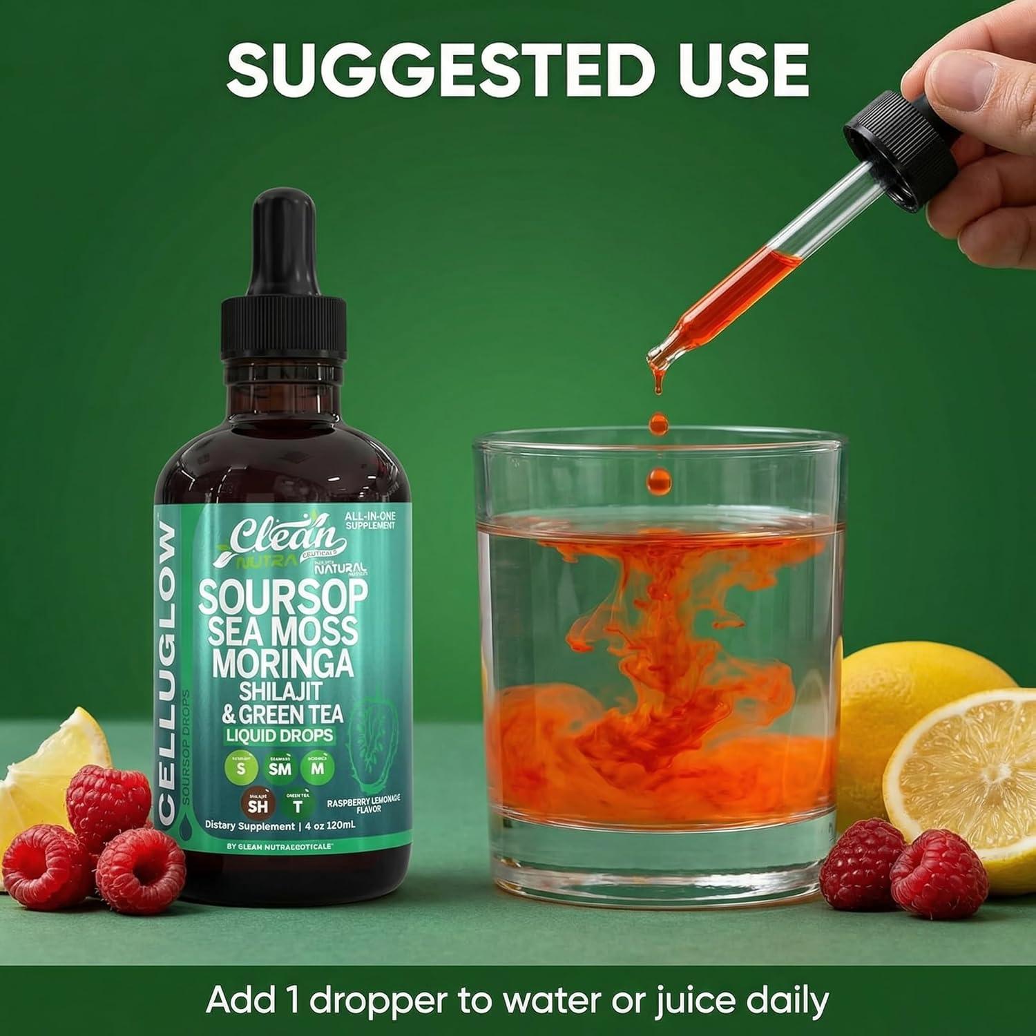 image:imageCelluGlow Soursop Bitters Liquid Drops Green Tea Extract Sea Moss Moringa Shilajit Vitamin C D3 Garlic Turmeric Ginger Reishi Mushroom Grape Seed Lycopene Immune Support Supplement by Clean Nutra 4oz