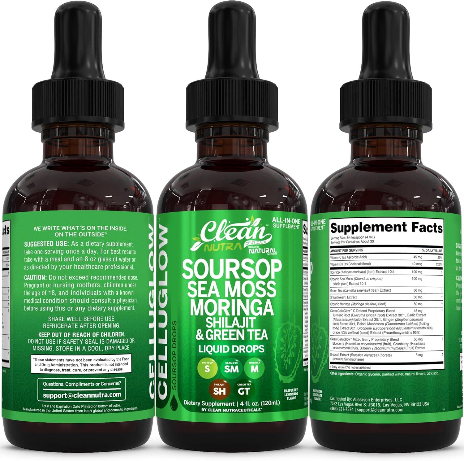 image:imageCelluGlow Soursop Bitters Liquid Drops Green Tea Extract Sea Moss Moringa Shilajit Vitamin C D3 Garlic Turmeric Ginger Reishi Mushroom Grape Seed Lycopene Immune Support Supplement by Clean Nutra 4oz
