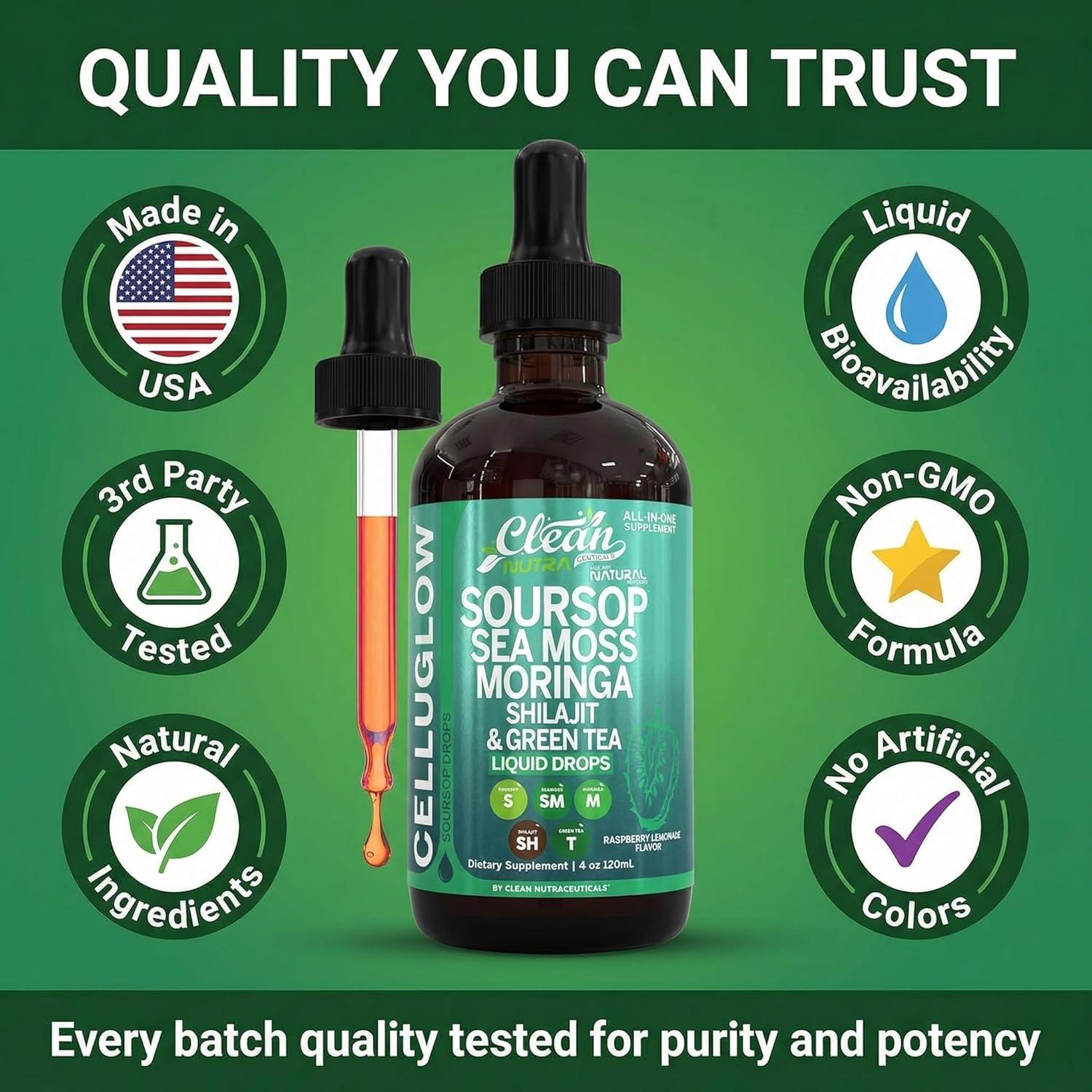 image:imageCelluGlow Soursop Bitters Liquid Drops Green Tea Extract Sea Moss Moringa Shilajit Vitamin C D3 Garlic Turmeric Ginger Reishi Mushroom Grape Seed Lycopene Immune Support Supplement by Clean Nutra 4oz