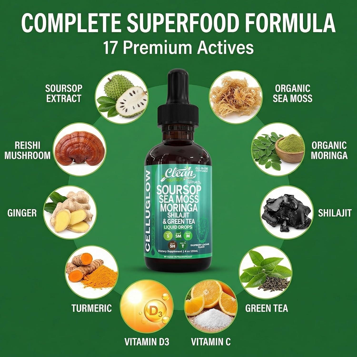 image:imageCelluGlow Soursop Bitters Liquid Drops Green Tea Extract Sea Moss Moringa Shilajit Vitamin C D3 Garlic Turmeric Ginger Reishi Mushroom Grape Seed Lycopene Immune Support Supplement by Clean Nutra 4oz