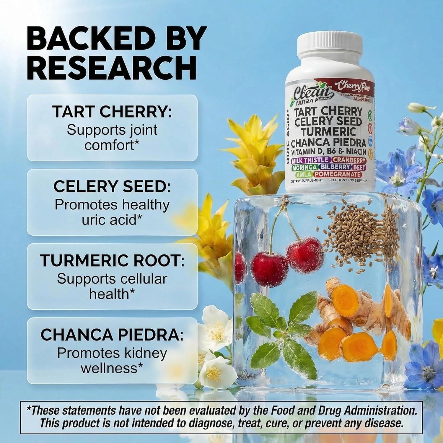 image:imageCherry Flow Tart Cherry Capsules Uric Acid Support Celery Seed Turmeric Chanca Piedra Vitamin D Vitamin B6 Niacin Milk Thistle Moringa Extract Pomegranate Beets 90 Count By Clean Nutra