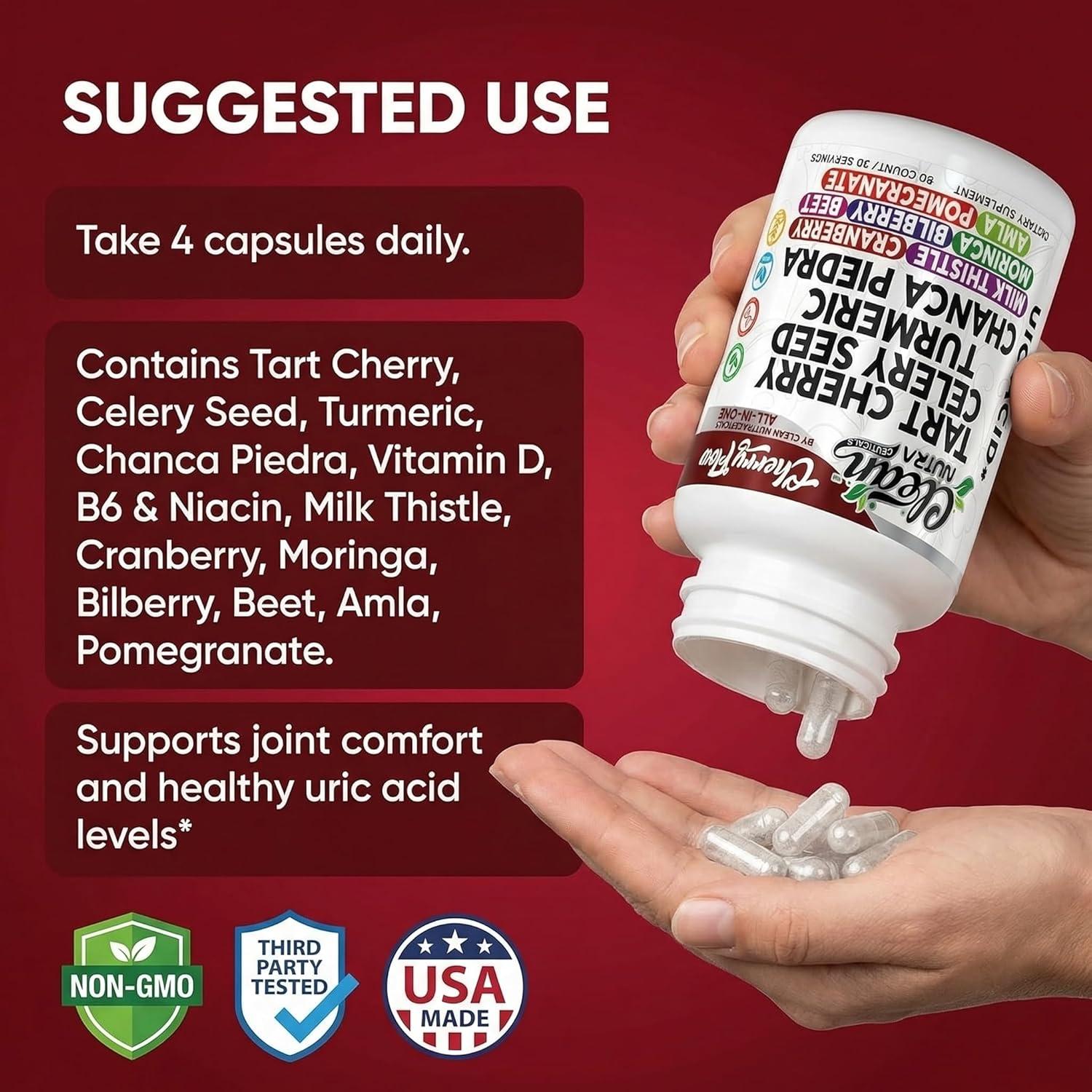 image:imageCherry Flow Tart Cherry Capsules Uric Acid Support Celery Seed Turmeric Chanca Piedra Vitamin D Vitamin B6 Niacin Milk Thistle Moringa Extract Pomegranate Beets 90 Count By Clean Nutra