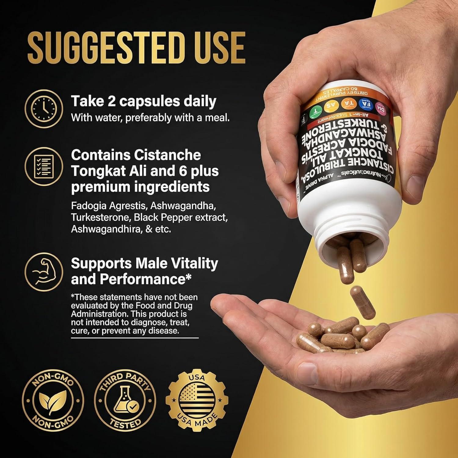 image:imageCistanche Fadogia Agrestis Tongkat Ali Supplement for Men Turkesterone Ashwagandha Capsules with Black Pepper Energy Vitality Performance Support 60 Count1