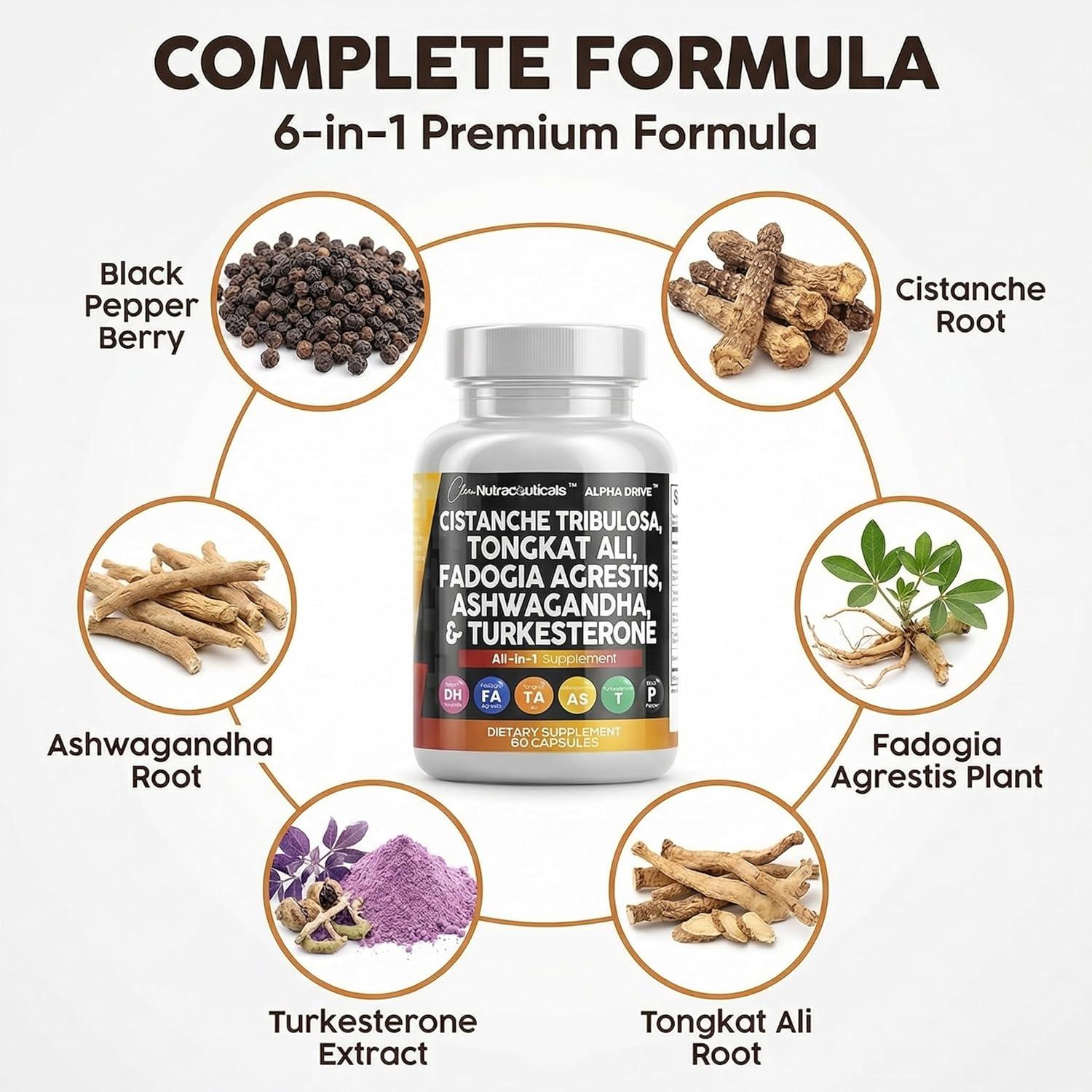 image:imageCistanche Fadogia Agrestis Tongkat Ali Supplement for Men Turkesterone Ashwagandha Capsules with Black Pepper Energy Vitality Performance Support 60 Count1