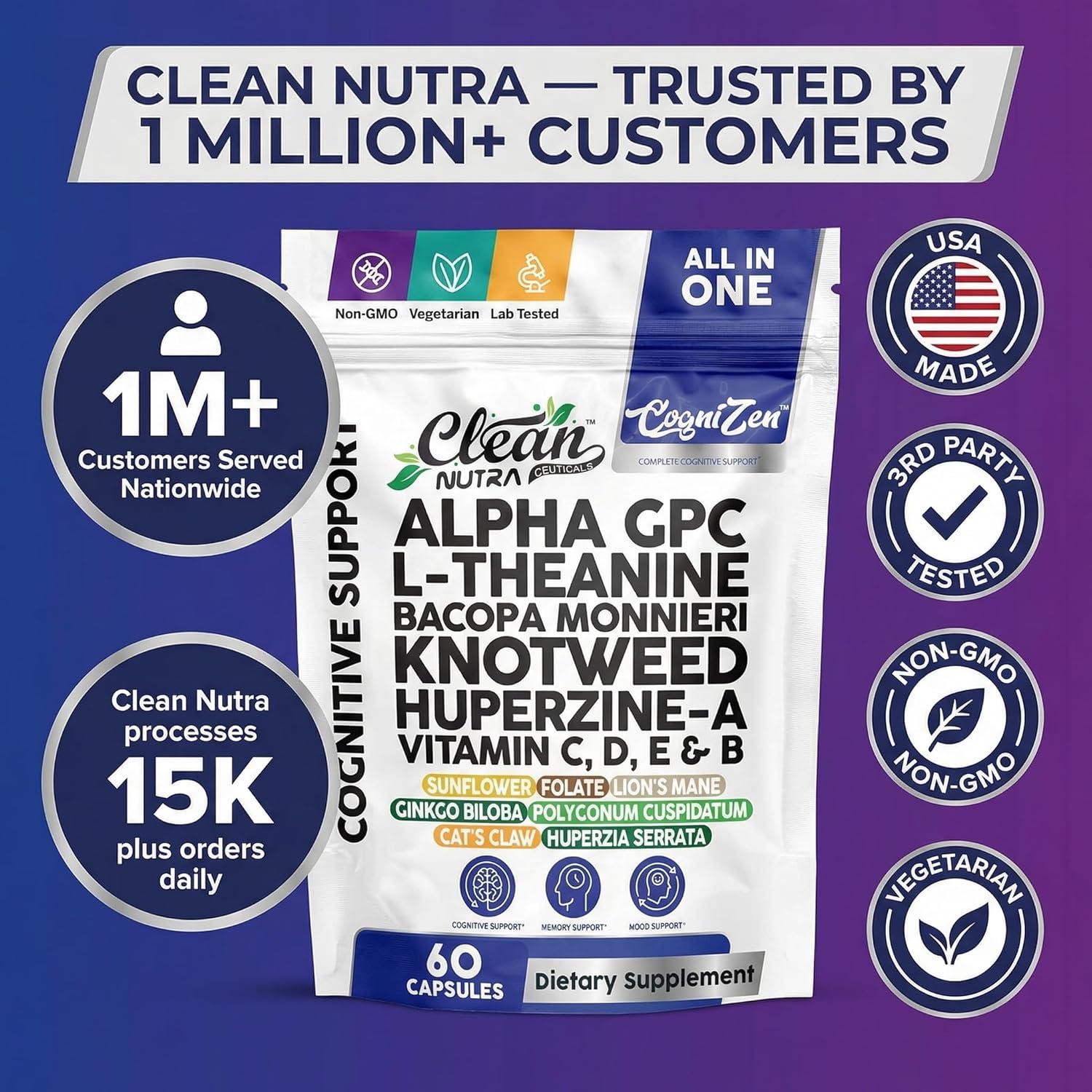 image:imageClean Nutra Alpha GPC LTheanine Bacopa Monnieri Knotweed HuperzineA Vitamins C D E amp B Nootropic Blend All in One Cognitive Formula 60 Capsules Vegetarian NonGMO Lab Tested Dietary Supplement