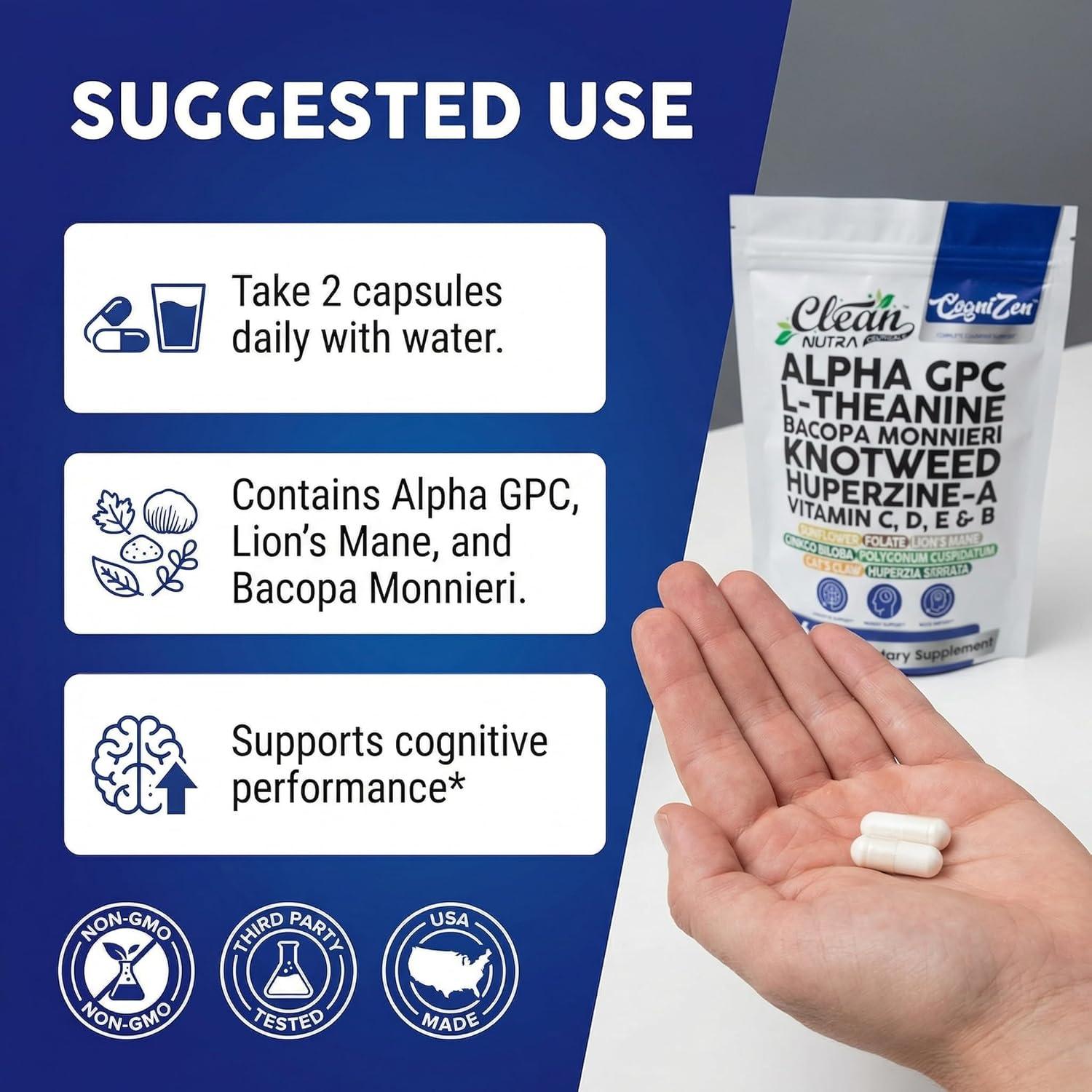 image:imageClean Nutra Alpha GPC LTheanine Bacopa Monnieri Knotweed HuperzineA Vitamins C D E amp B Nootropic Blend All in One Cognitive Formula 60 Capsules Vegetarian NonGMO Lab Tested Dietary Supplement