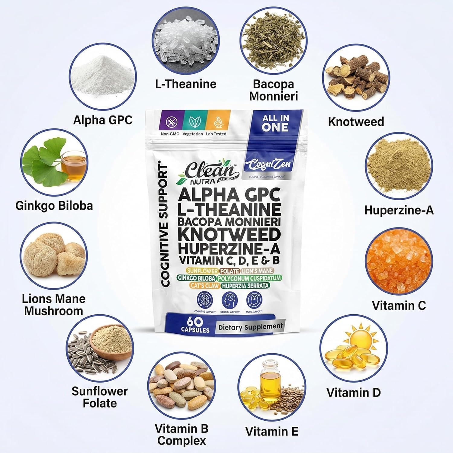 image:imageClean Nutra Alpha GPC LTheanine Bacopa Monnieri Knotweed HuperzineA Vitamins C D E amp B Nootropic Blend All in One Cognitive Formula 60 Capsules Vegetarian NonGMO Lab Tested Dietary Supplement