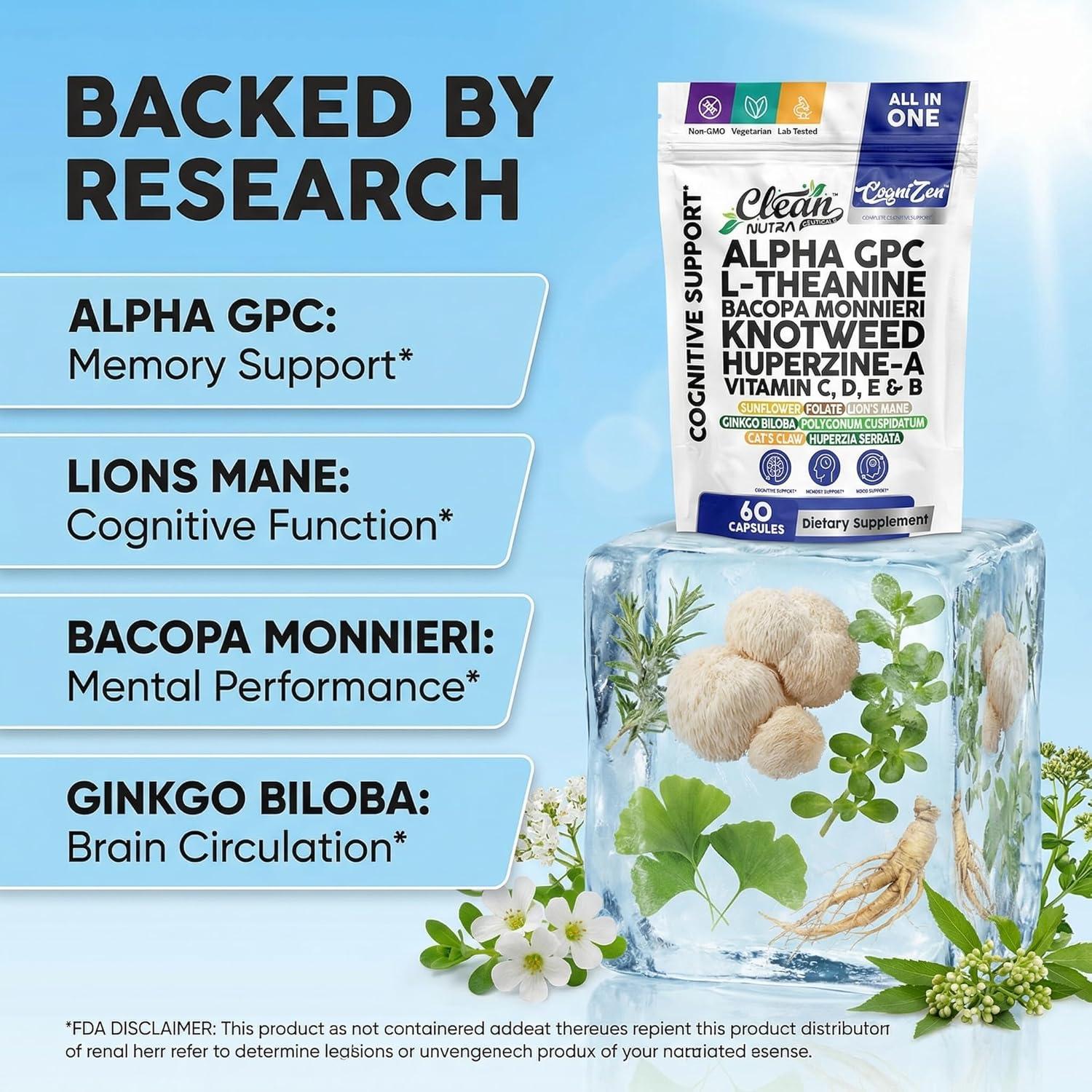 image:imageClean Nutra Alpha GPC LTheanine Bacopa Monnieri Knotweed HuperzineA Vitamins C D E amp B Nootropic Blend All in One Cognitive Formula 60 Capsules Vegetarian NonGMO Lab Tested Dietary Supplement