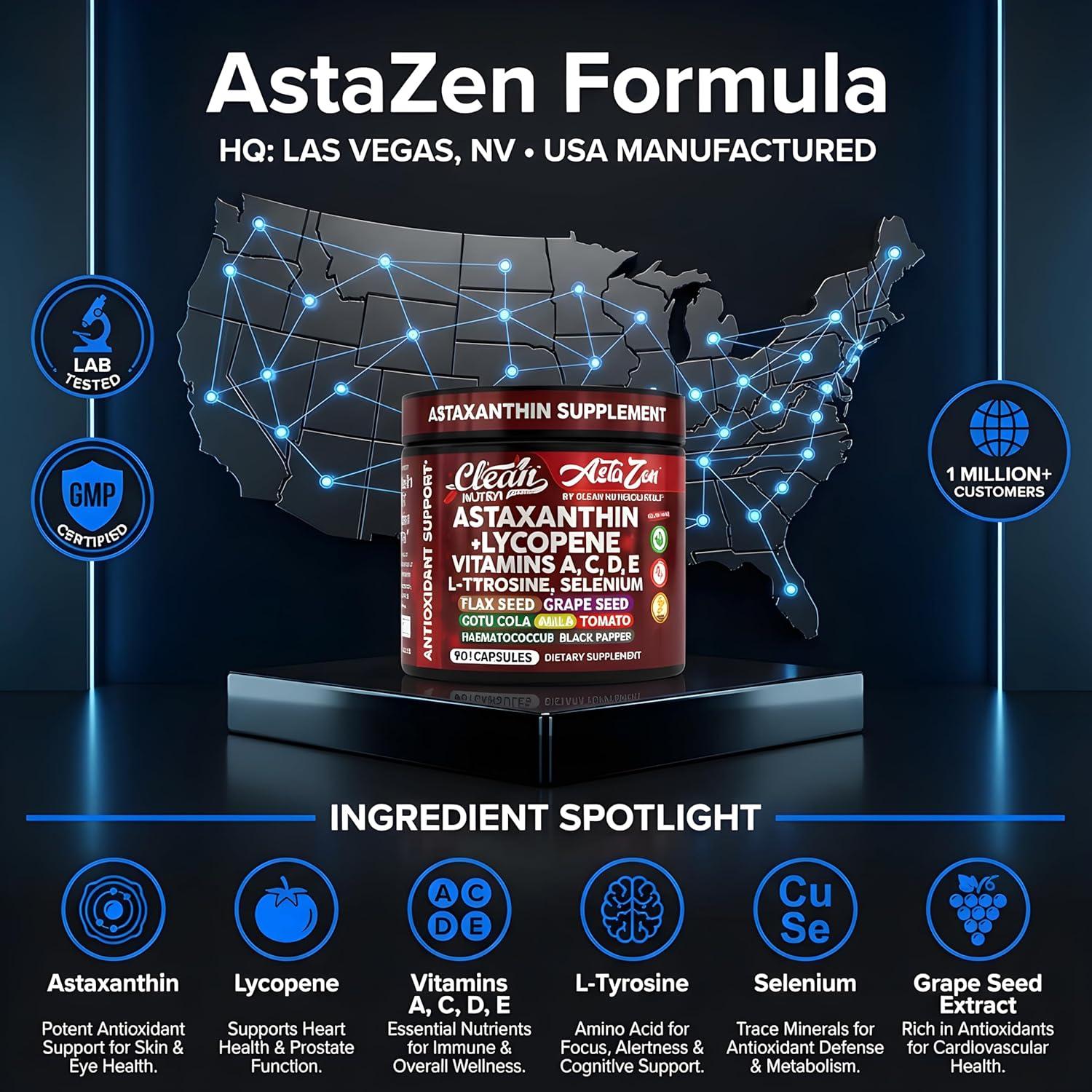 image:imageClean Nutra Astaxanthin 12mg Lycopene Supplement with Vitamin A C D3 E LTyrosine Selenium Flax Grape Seed Gotu Kola Amla Black Pepper 90 Complex Veggie Capsules