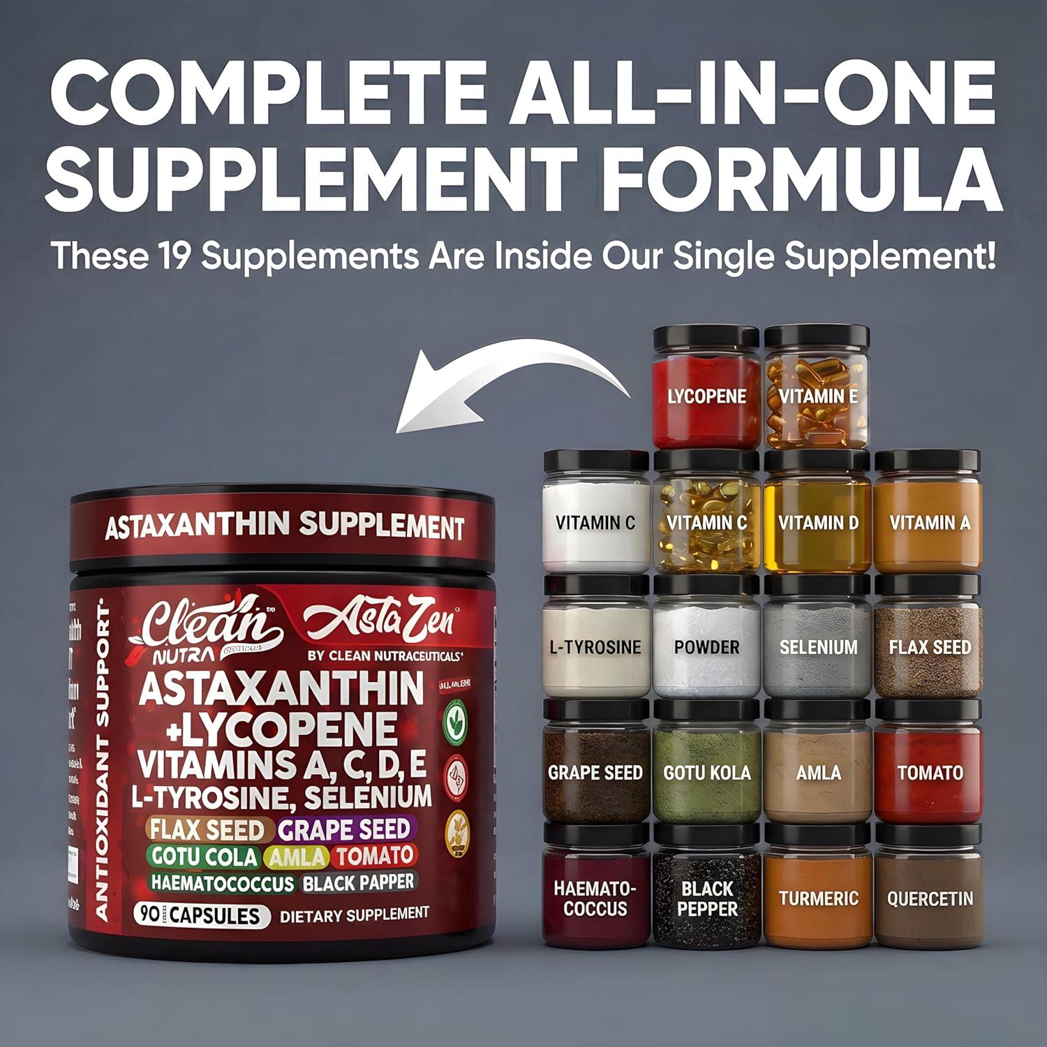 image:imageClean Nutra Astaxanthin 12mg Lycopene Supplement with Vitamin A C D3 E LTyrosine Selenium Flax Grape Seed Gotu Kola Amla Black Pepper 90 Complex Veggie Capsules