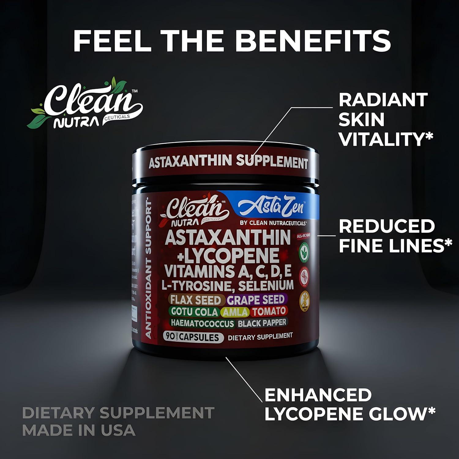 image:imageClean Nutra Astaxanthin 12mg Lycopene Supplement with Vitamin A C D3 E LTyrosine Selenium Flax Grape Seed Gotu Kola Amla Black Pepper 90 Complex Veggie Capsules