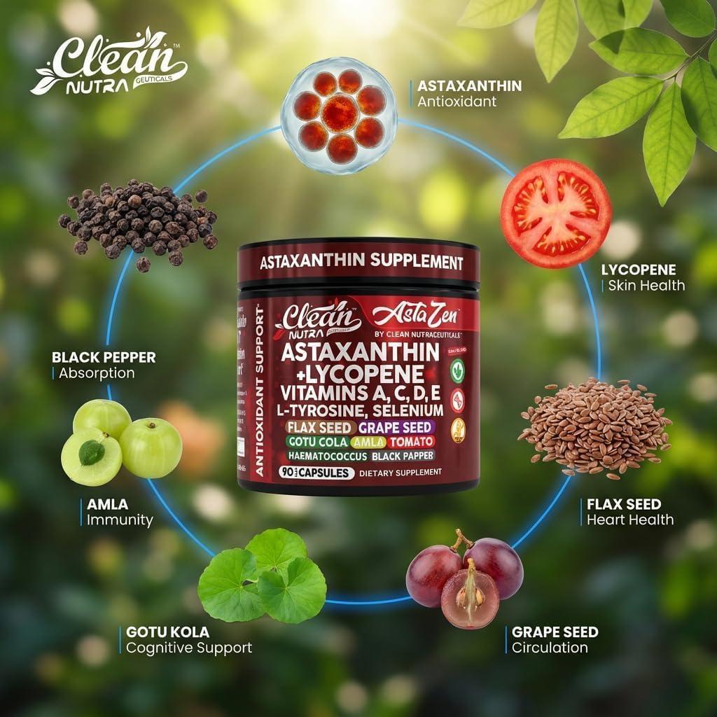 image:imageClean Nutra Astaxanthin 12mg Lycopene Supplement with Vitamin A C D3 E LTyrosine Selenium Flax Grape Seed Gotu Kola Amla Black Pepper 90 Complex Veggie Capsules