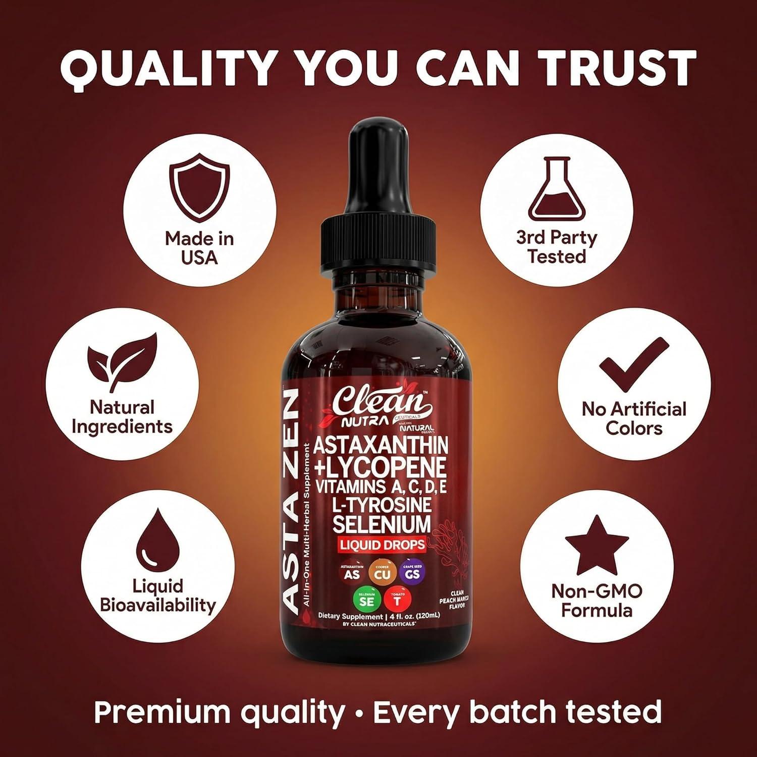 image:imageClean Nutra Astaxanthin Lycopene Liquid Drops Absorption Support Vitamins A C D E 4 fl oz Potent Natural D3 C E A amp Selenium LTyrosine Formula Pure Antioxidant Blend Enhanced Nutrient Uptake