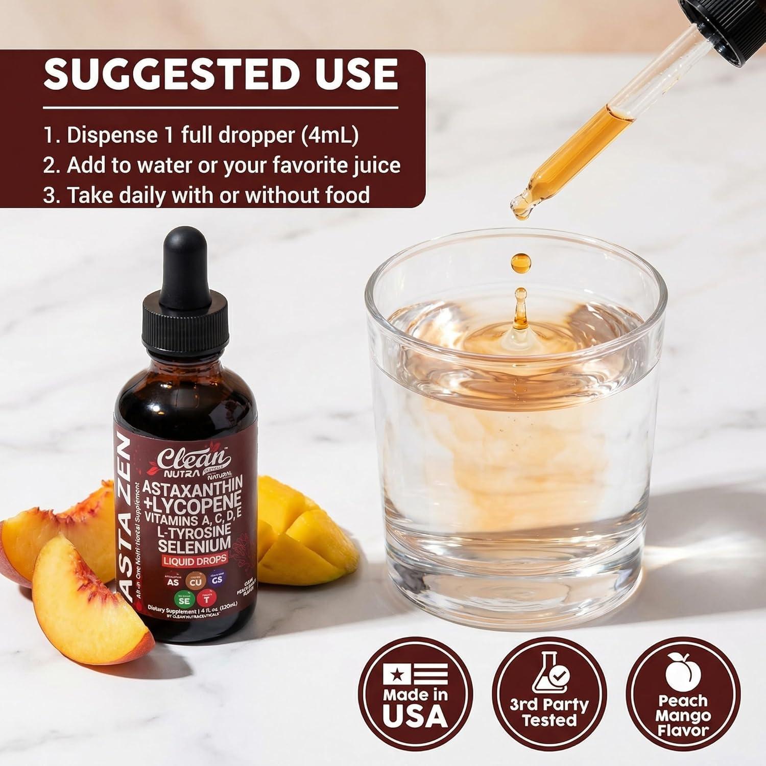 image:imageClean Nutra Astaxanthin Lycopene Liquid Drops Absorption Support Vitamins A C D E 4 fl oz Potent Natural D3 C E A amp Selenium LTyrosine Formula Pure Antioxidant Blend Enhanced Nutrient Uptake