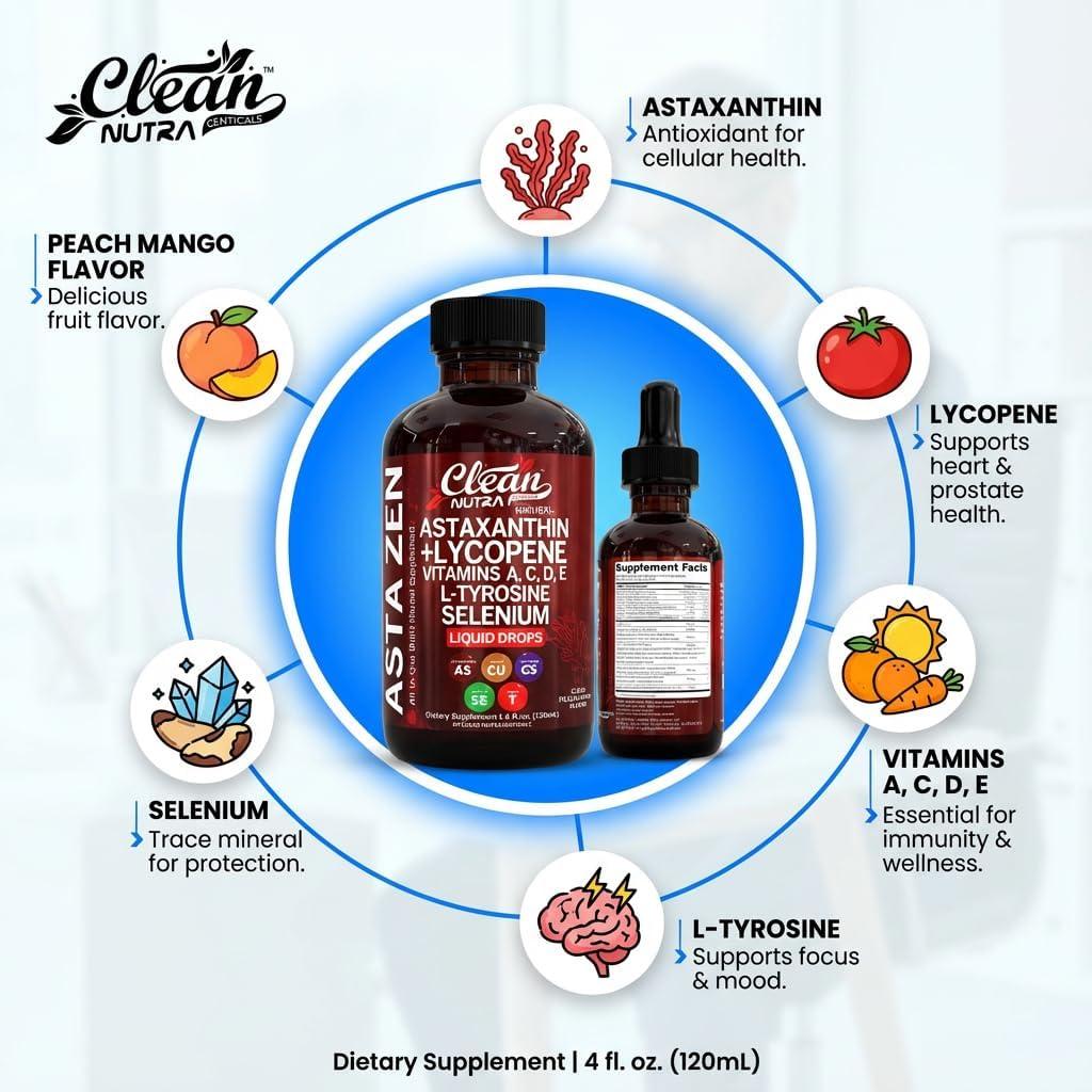 image:imageClean Nutra Astaxanthin Lycopene Liquid Drops Absorption Support Vitamins A C D E 4 fl oz Potent Natural D3 C E A amp Selenium LTyrosine Formula Pure Antioxidant Blend Enhanced Nutrient Uptake
