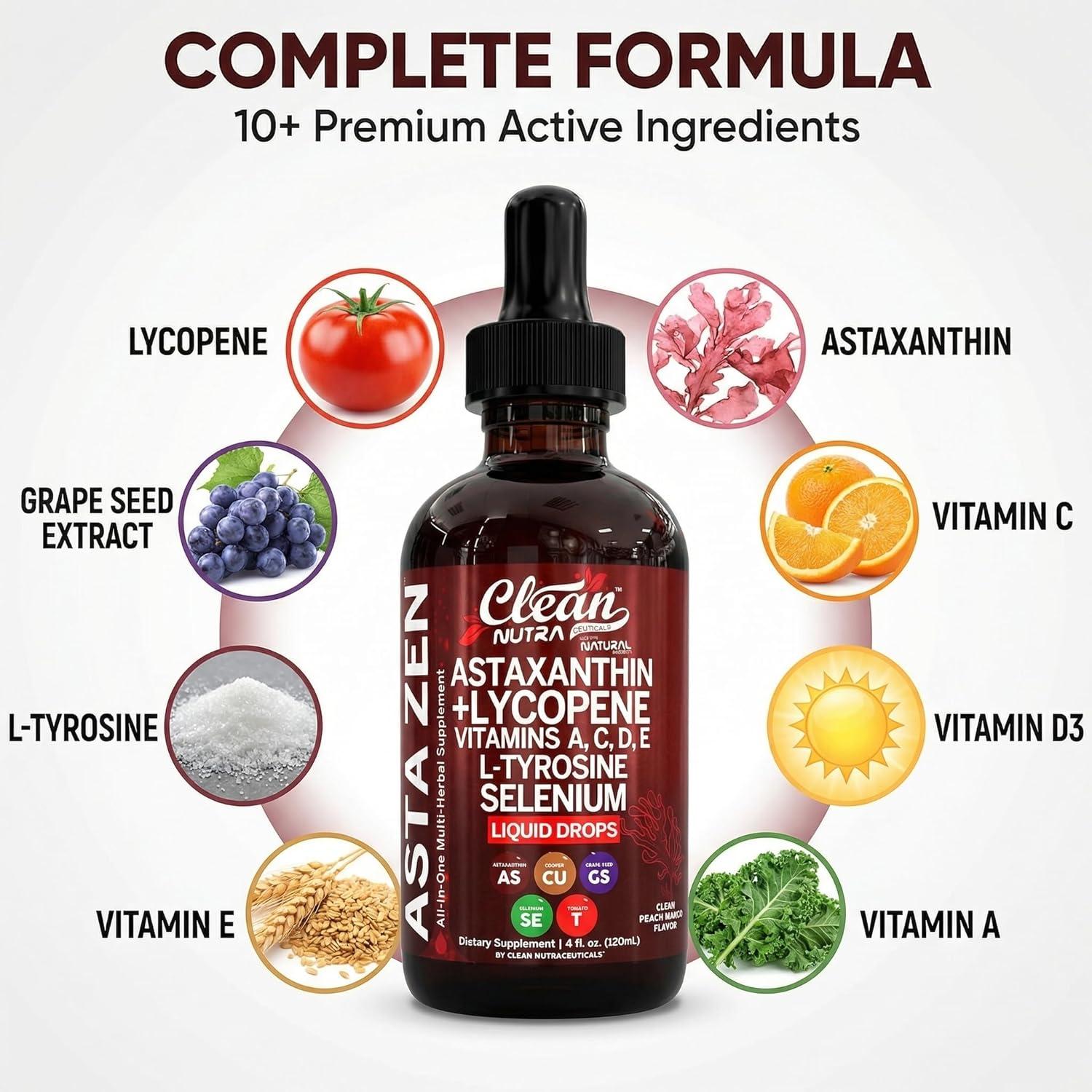 image:imageClean Nutra Astaxanthin Lycopene Liquid Drops Absorption Support Vitamins A C D E 4 fl oz Potent Natural D3 C E A amp Selenium LTyrosine Formula Pure Antioxidant Blend Enhanced Nutrient Uptake
