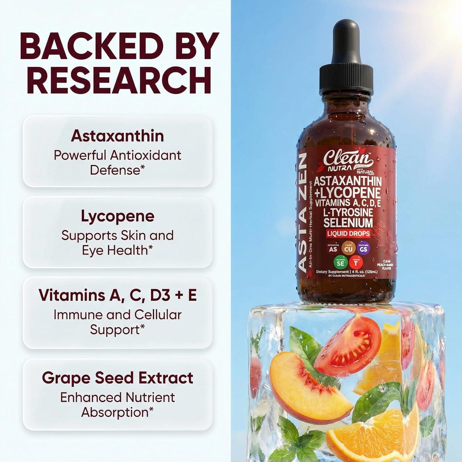 image:imageClean Nutra Astaxanthin Lycopene Liquid Drops Absorption Support Vitamins A C D E 4 fl oz Potent Natural D3 C E A amp Selenium LTyrosine Formula Pure Antioxidant Blend Enhanced Nutrient Uptake