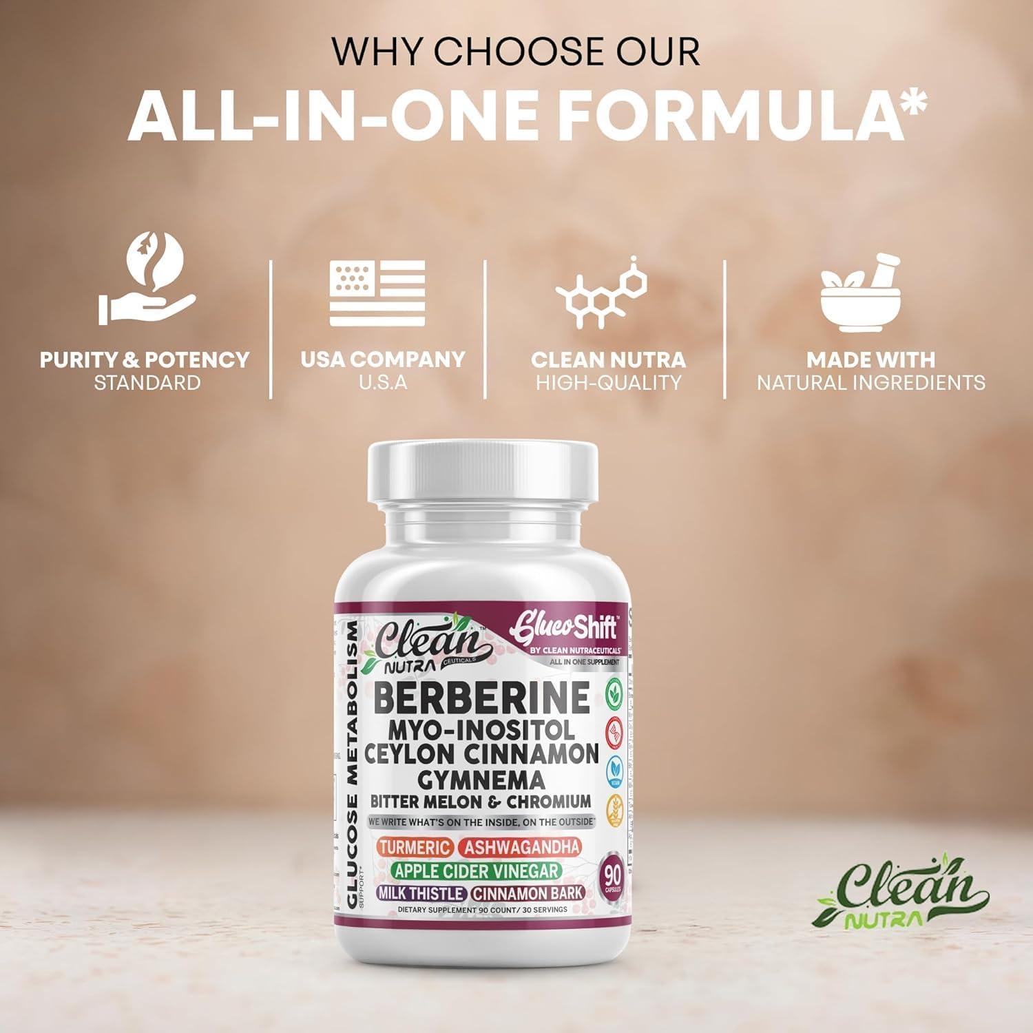 image:imageClean Nutra Berberine Supplement MyoInositol Ceylon Cinnamon Gymnema Bitter Melon Chromium Complex for Digestion Antioxidant Support amp Wellness 90 Vegan Capsules NonGMO