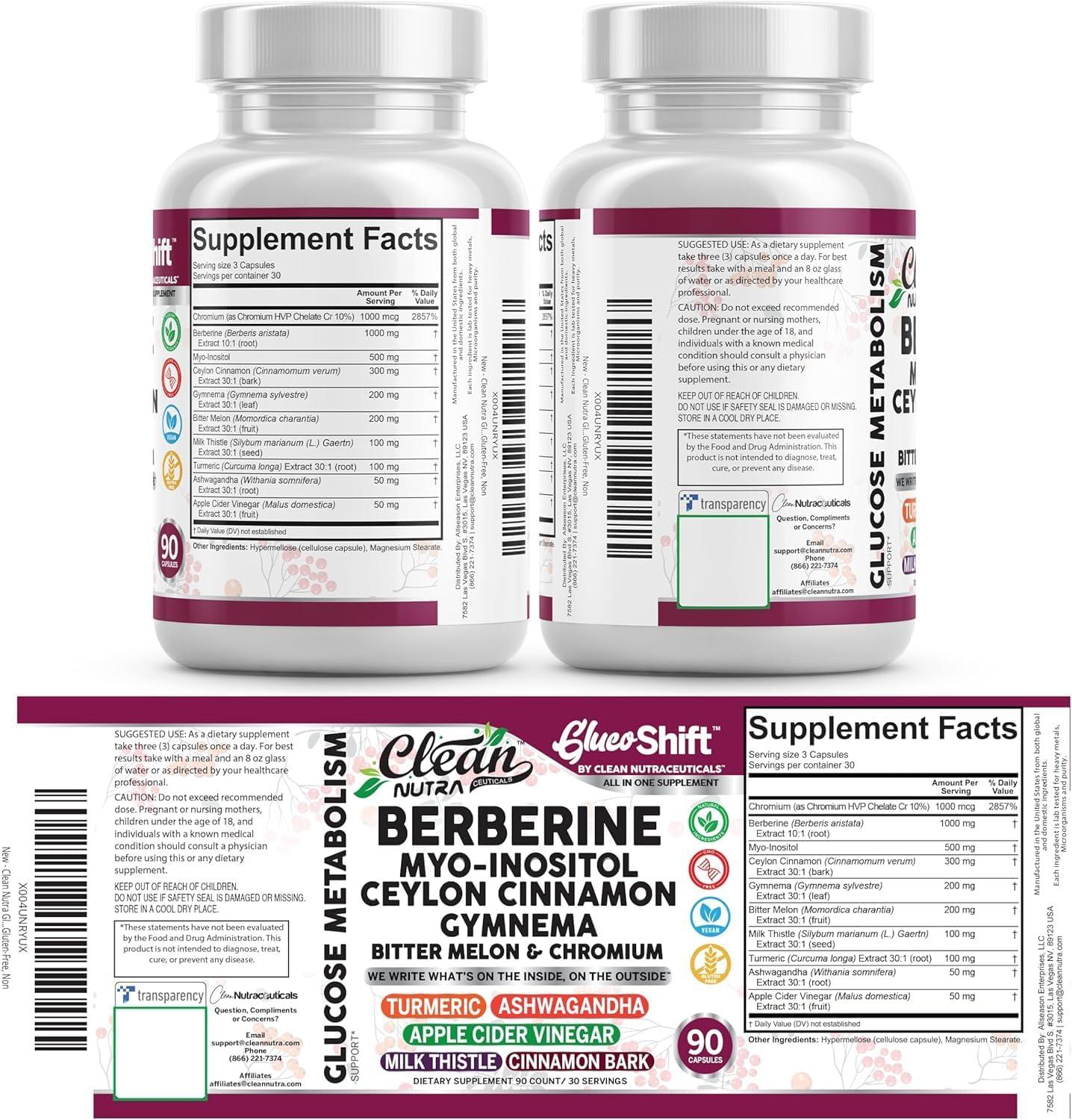 image:imageClean Nutra Berberine Supplement MyoInositol Ceylon Cinnamon Gymnema Bitter Melon Chromium Complex for Digestion Antioxidant Support amp Wellness 90 Vegan Capsules NonGMO