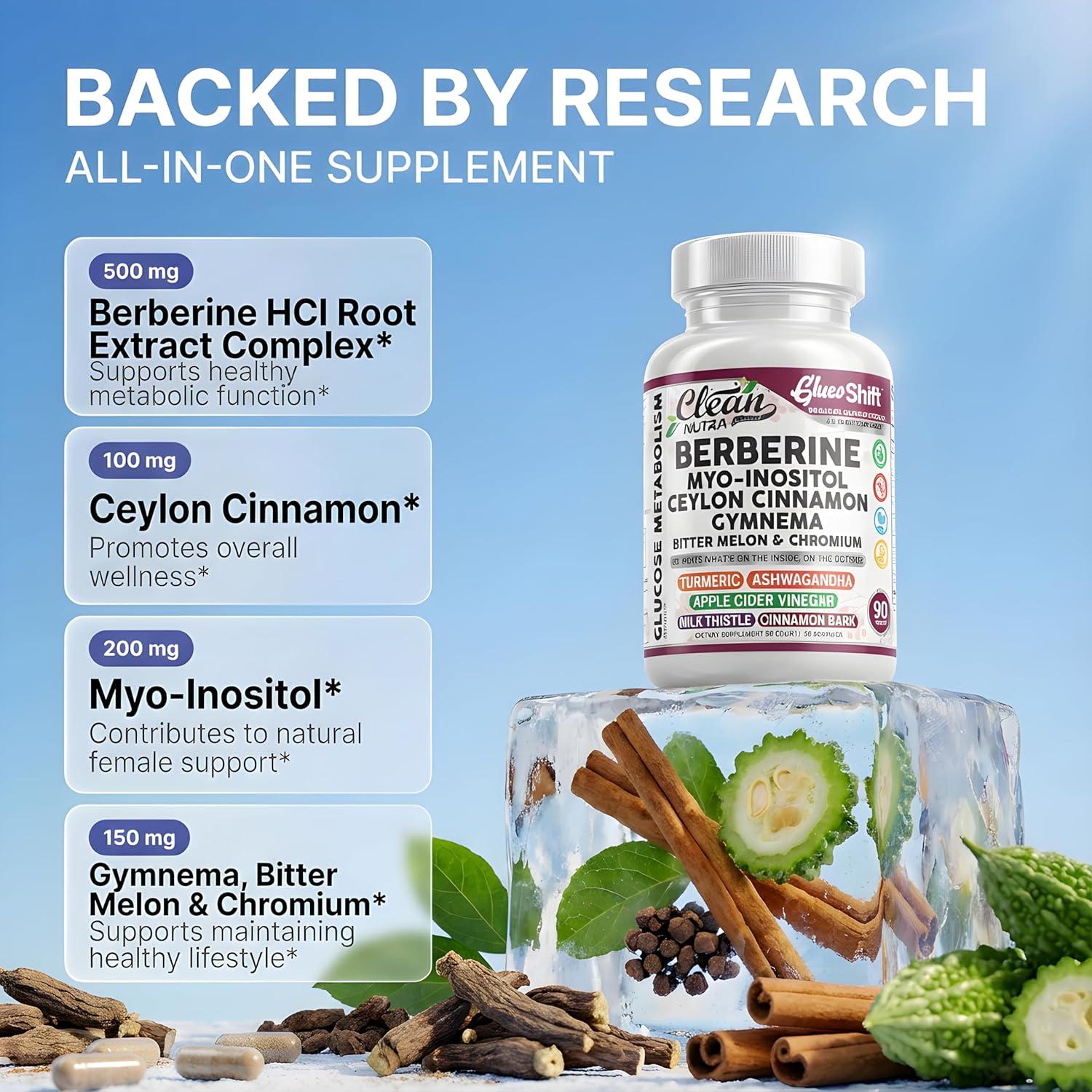 image:imageClean Nutra Berberine Supplement MyoInositol Ceylon Cinnamon Gymnema Bitter Melon Chromium Complex for Digestion Antioxidant Support amp Wellness 90 Vegan Capsules NonGMO
