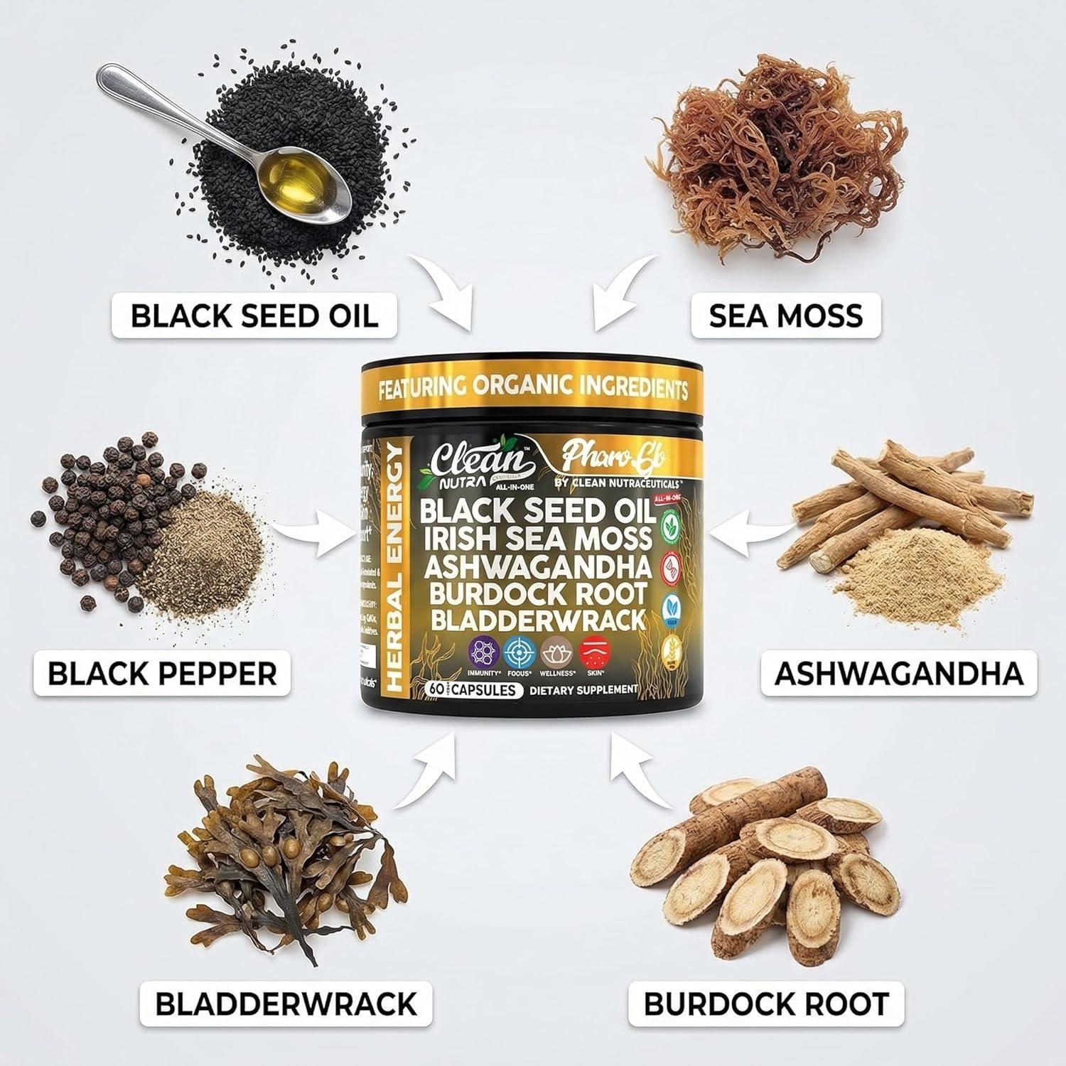 image:imageClean Nutra Black Seed Oil Capsules Sea Moss Ashwagandha Burdock Root Bladderwrack Seaweed Skin Detox Stress Relief Immune Support Focus Supplement Nigella Sativa 60 Pills