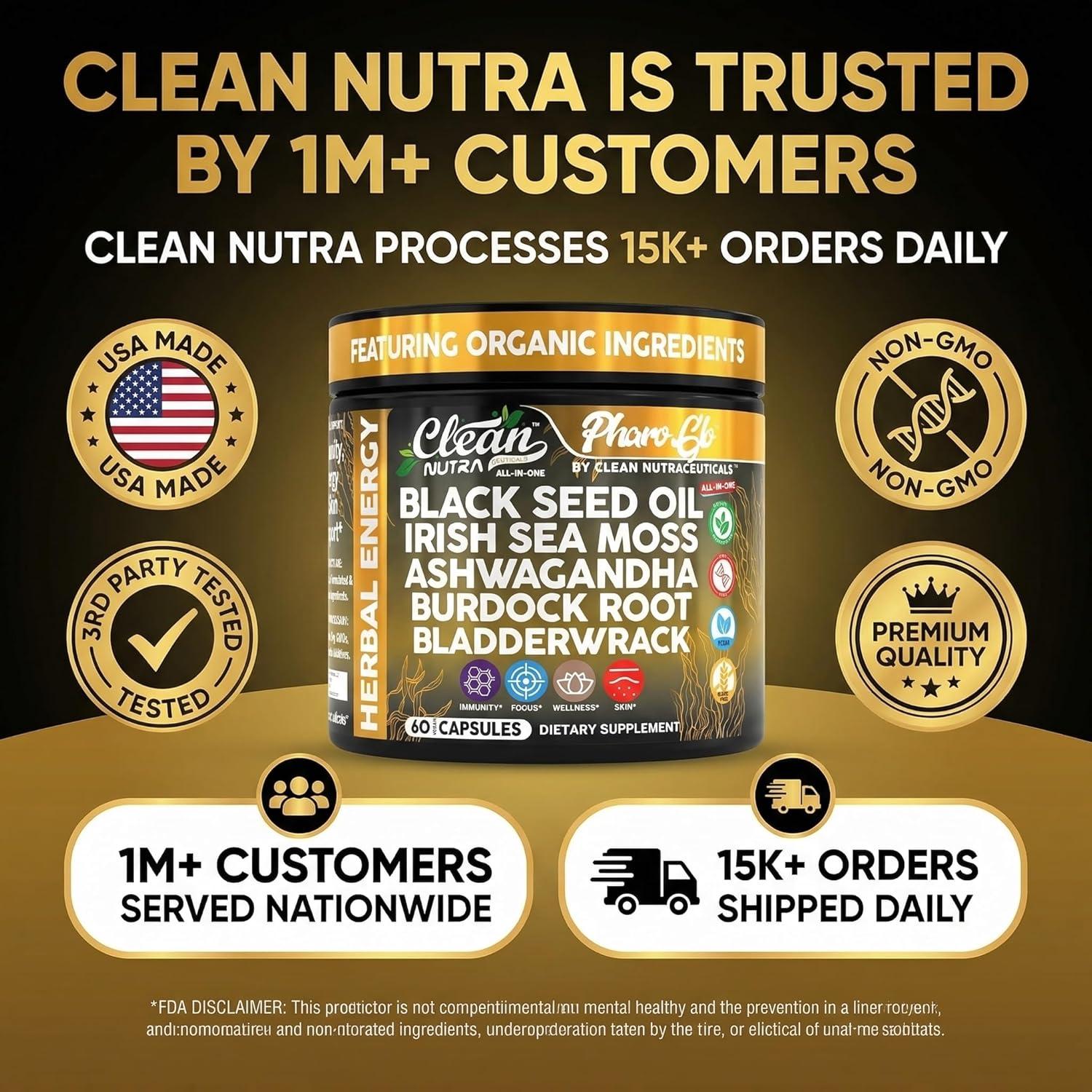image:imageClean Nutra Black Seed Oil Capsules Sea Moss Ashwagandha Burdock Root Bladderwrack Seaweed Skin Detox Stress Relief Immune Support Focus Supplement Nigella Sativa 60 Pills