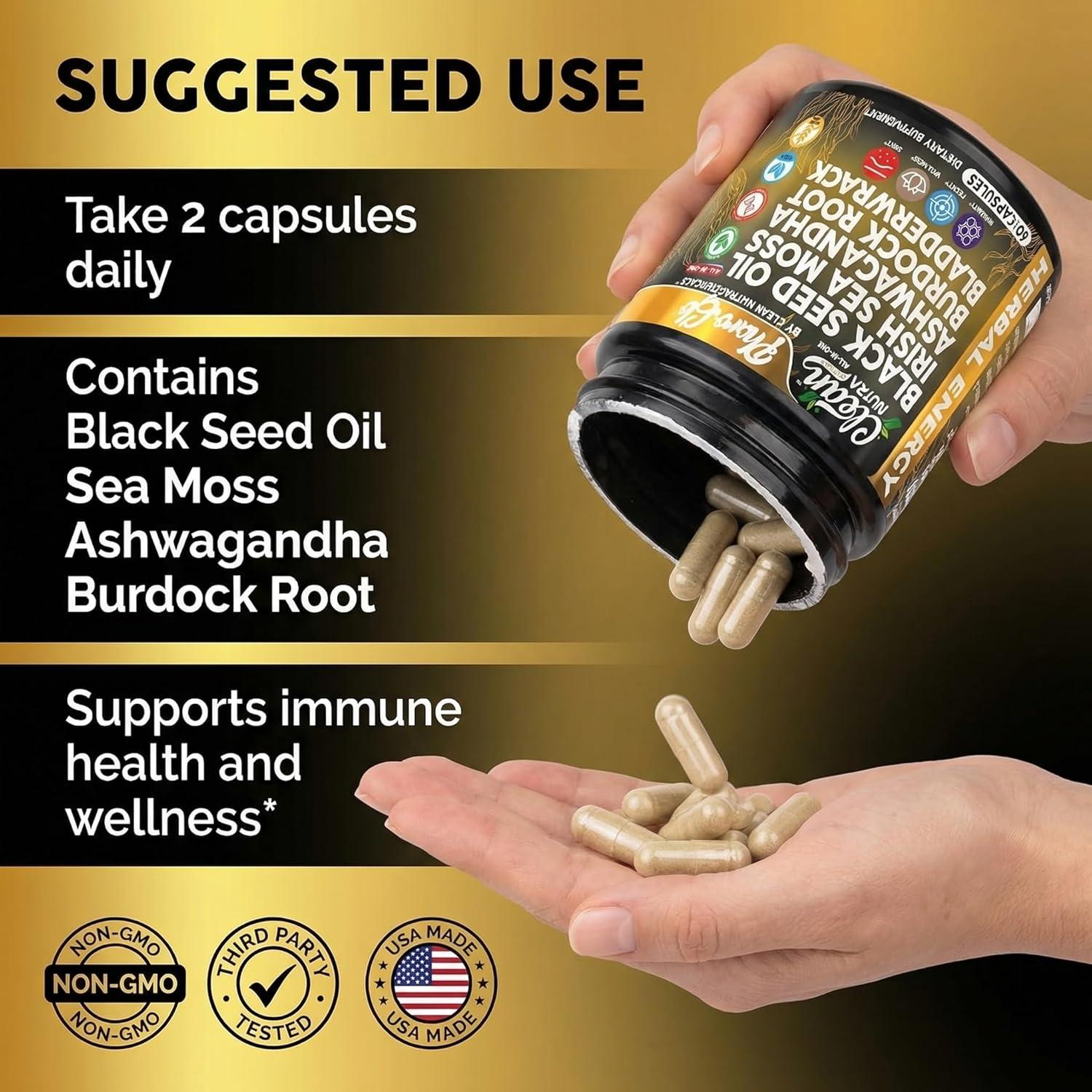 image:imageClean Nutra Black Seed Oil Capsules Sea Moss Ashwagandha Burdock Root Bladderwrack Seaweed Skin Detox Stress Relief Immune Support Focus Supplement Nigella Sativa 60 Pills