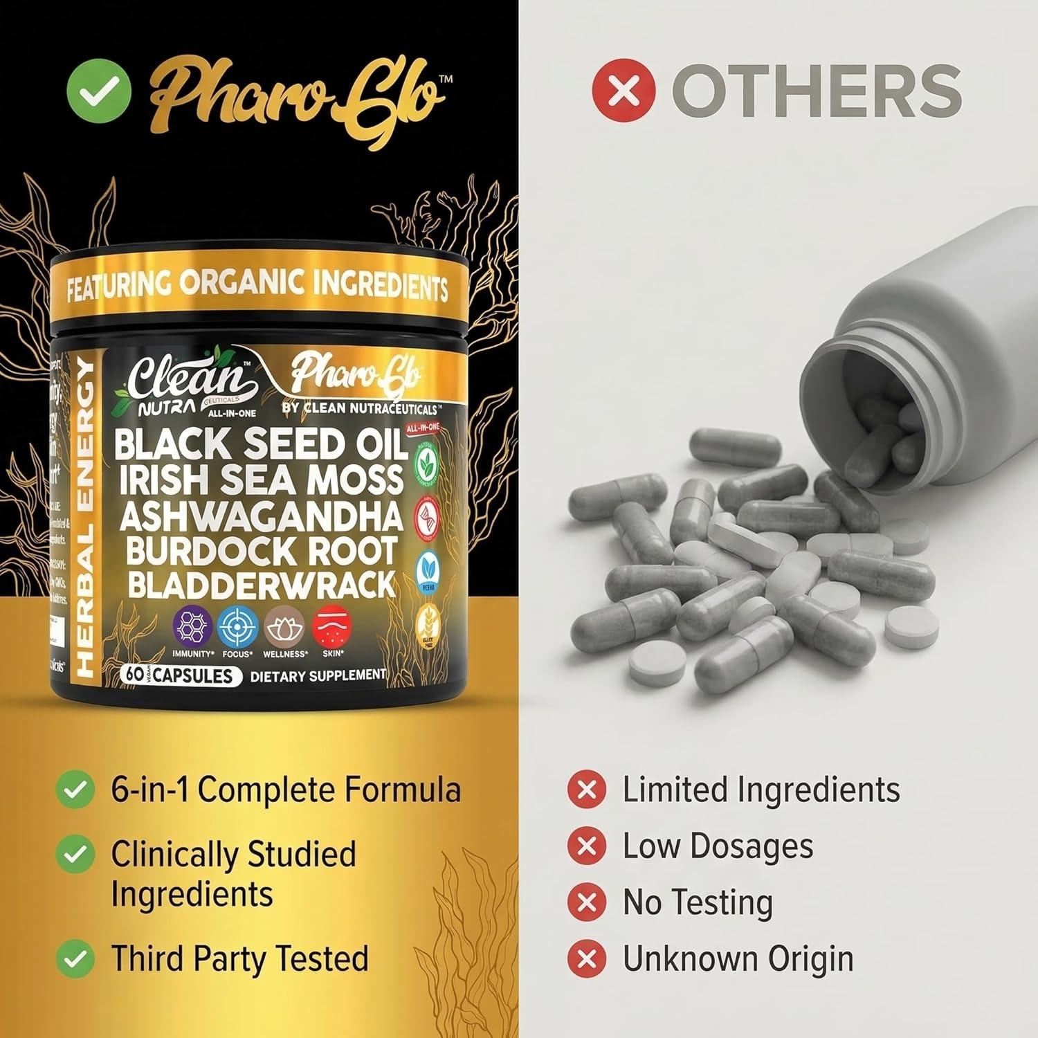 image:imageClean Nutra Black Seed Oil Capsules Sea Moss Ashwagandha Burdock Root Bladderwrack Seaweed Skin Detox Stress Relief Immune Support Focus Supplement Nigella Sativa 60 Pills