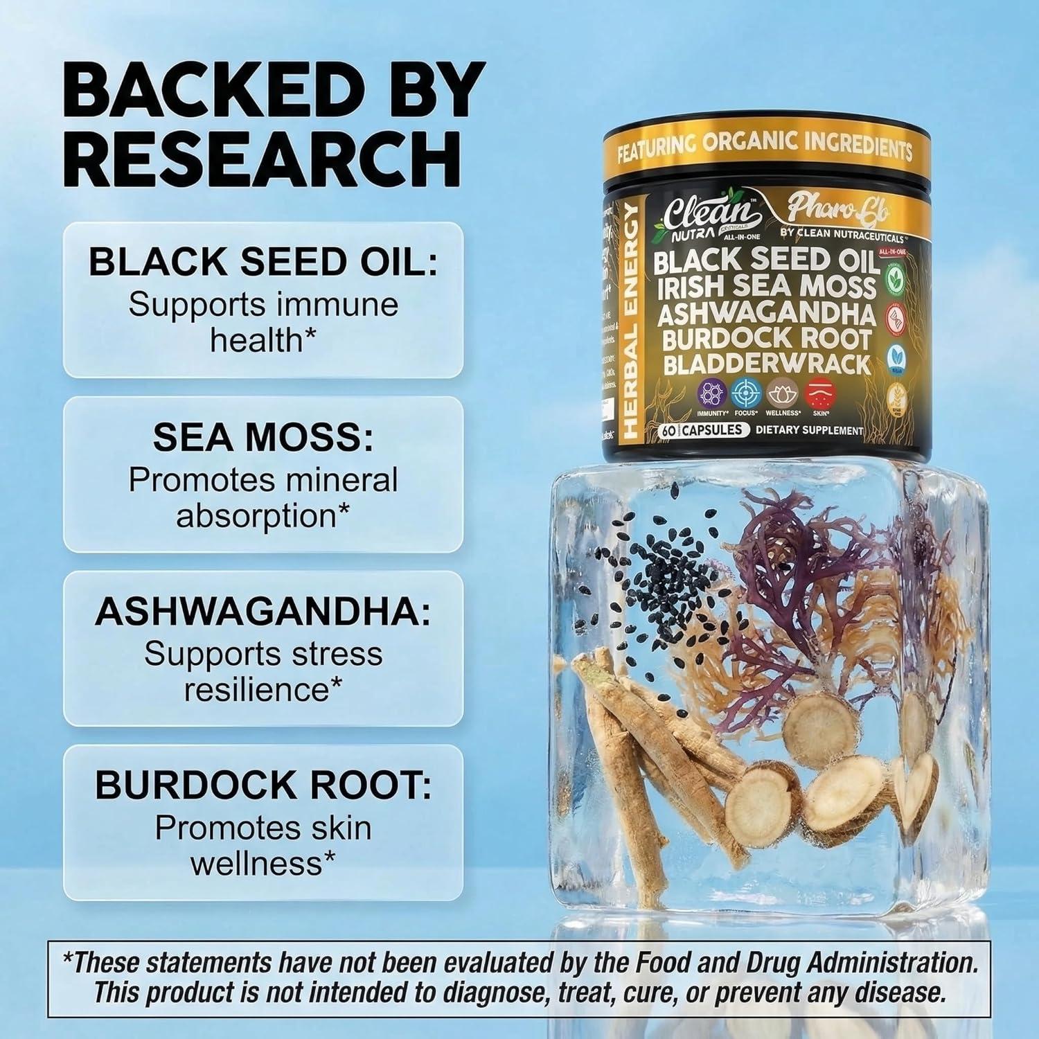 image:imageClean Nutra Black Seed Oil Capsules Sea Moss Ashwagandha Burdock Root Bladderwrack Seaweed Skin Detox Stress Relief Immune Support Focus Supplement Nigella Sativa 60 Pills