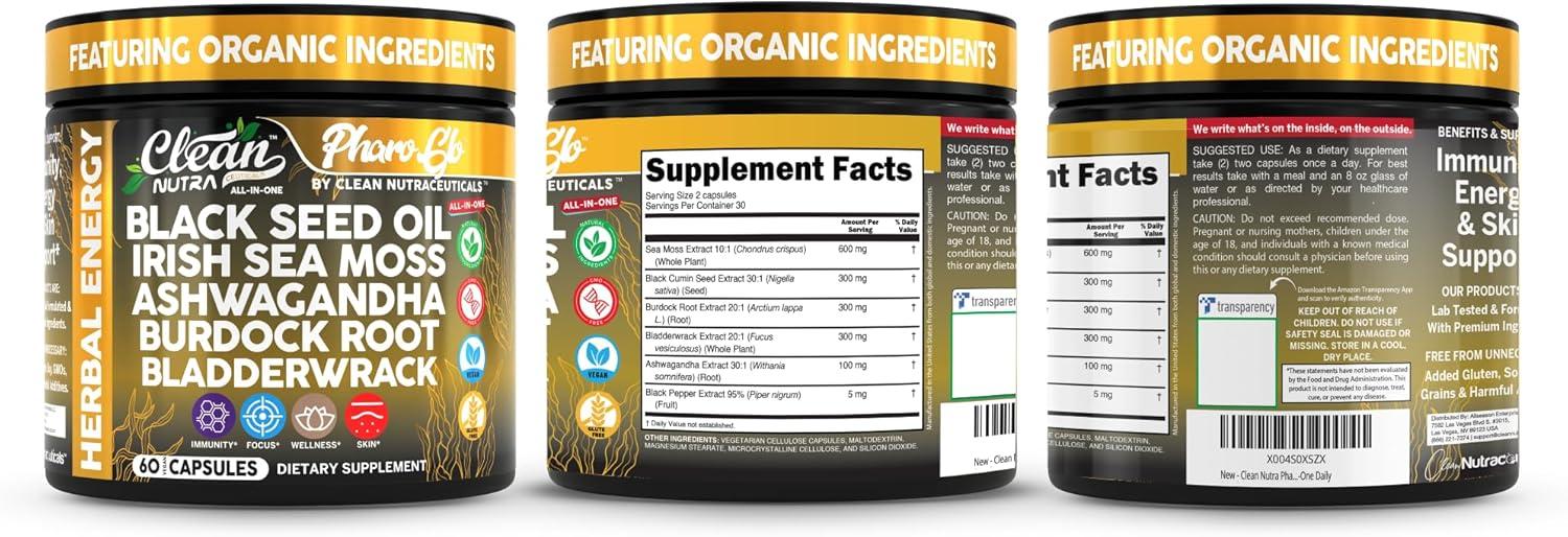 image:imageClean Nutra Black Seed Oil Capsules Sea Moss Ashwagandha Burdock Root Bladderwrack Seaweed Skin Detox Stress Relief Immune Support Focus Supplement Nigella Sativa 60 Pills