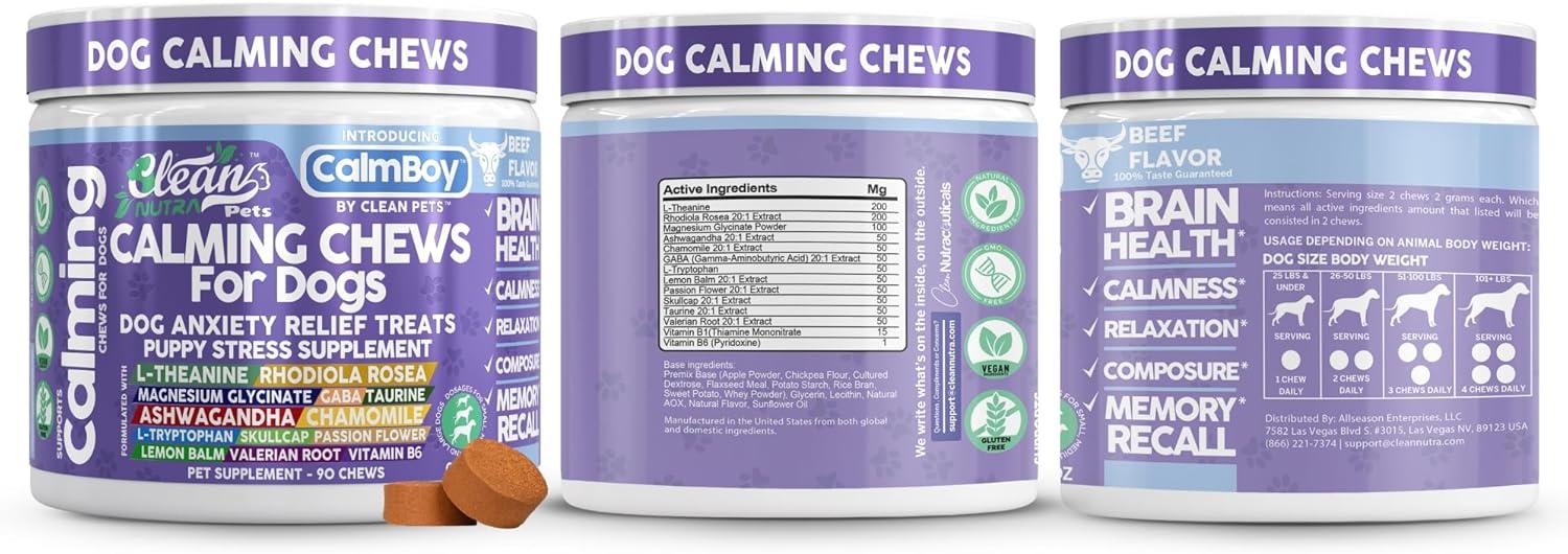 image:imageClean Nutra Calming Chews for Dogs Dog Anxiety Relief Supplement L Theanine Ashwagandha Rhodiola GABA Magnesium Valerian Natural Ingredients 90 Chews Beef Flavor