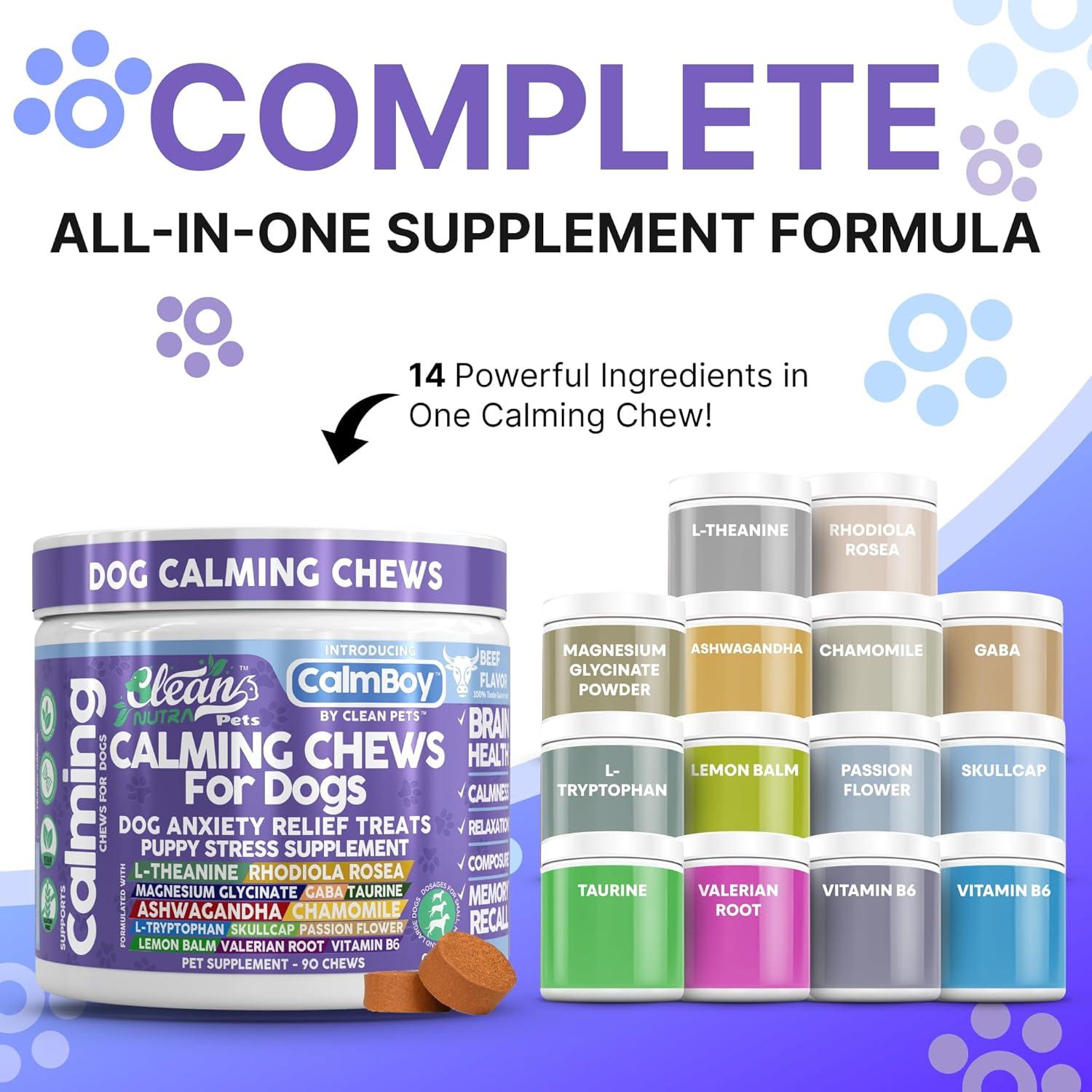 image:imageClean Nutra Calming Chews for Dogs Dog Anxiety Relief Supplement L Theanine Ashwagandha Rhodiola GABA Magnesium Valerian Natural Ingredients 90 Chews Beef Flavor