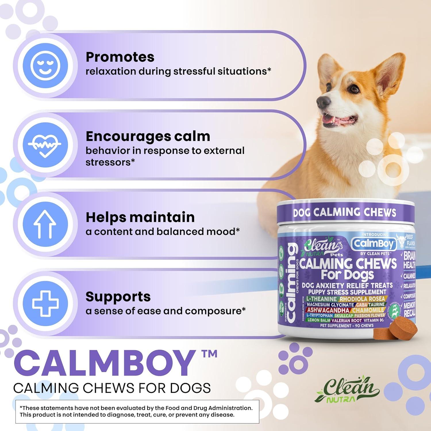 image:imageClean Nutra Calming Chews for Dogs Dog Anxiety Relief Supplement L Theanine Ashwagandha Rhodiola GABA Magnesium Valerian Natural Ingredients 90 Chews Beef Flavor