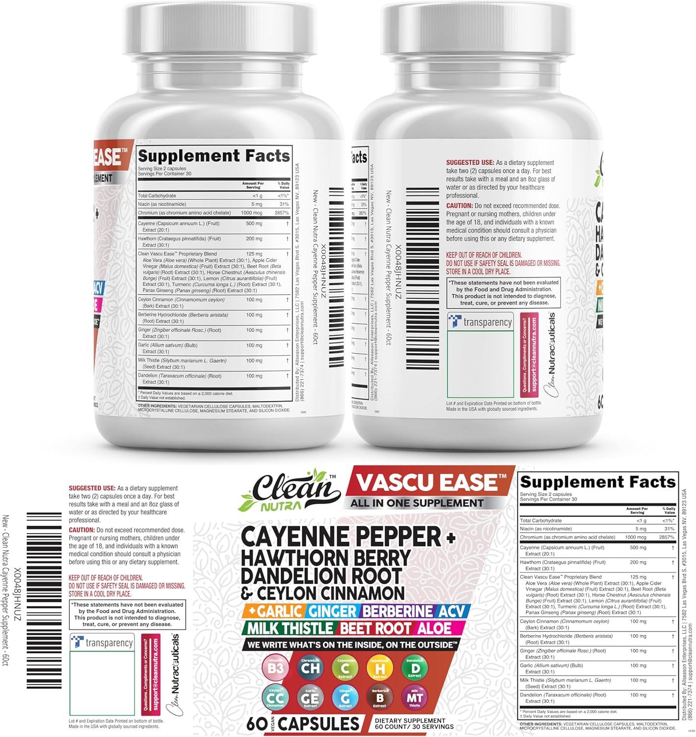 image:imageClean Nutra Cayenne Pepper Capsules Supplement with Hawthorn Berry Dandelion Root Ceylon Cinnamon Garlic Ginger Berberine Apple Cider Vinegar Milk Thistle Beet Root Aloe Vera Pills amp More