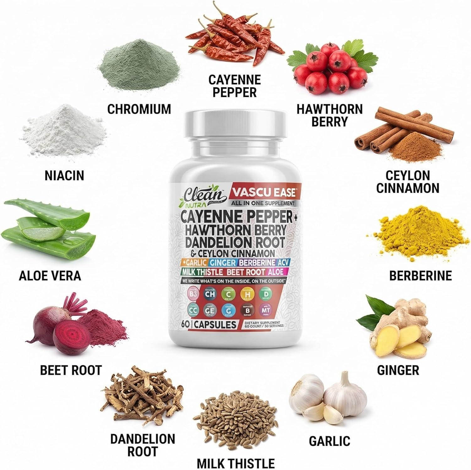 image:imageClean Nutra Cayenne Pepper Capsules Supplement with Hawthorn Berry Dandelion Root Ceylon Cinnamon Garlic Ginger Berberine Apple Cider Vinegar Milk Thistle Beet Root Aloe Vera Pills amp More