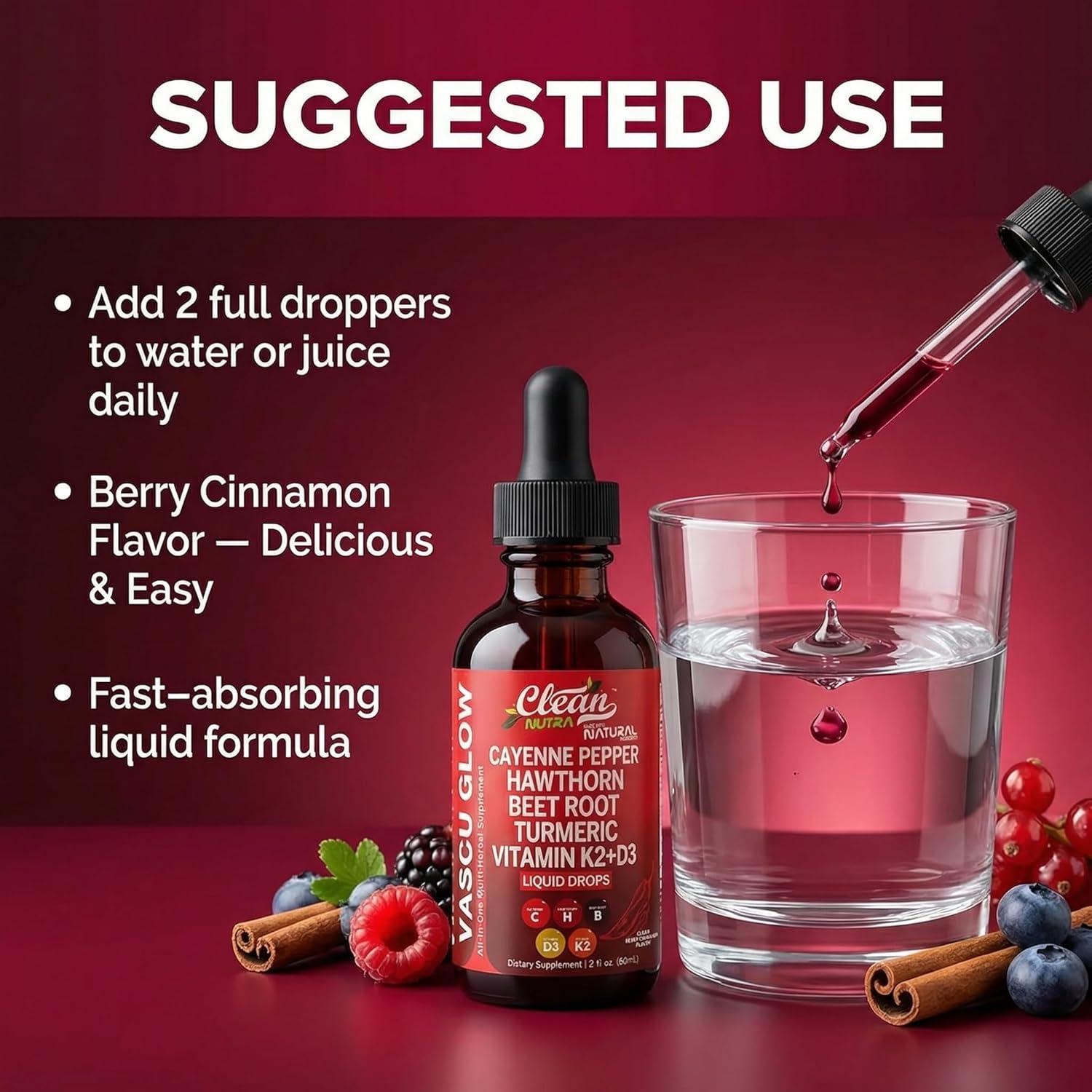 image:imageClean Nutra Cayenne Pepper Drops Supplement Liquid Hawthorn Berry Vitamin D3 K2 Beet Root Powder Ceylon Cinnamon Turmeric Curcumin Organic Panax Ginseng Berberine Extract 1 Pack1