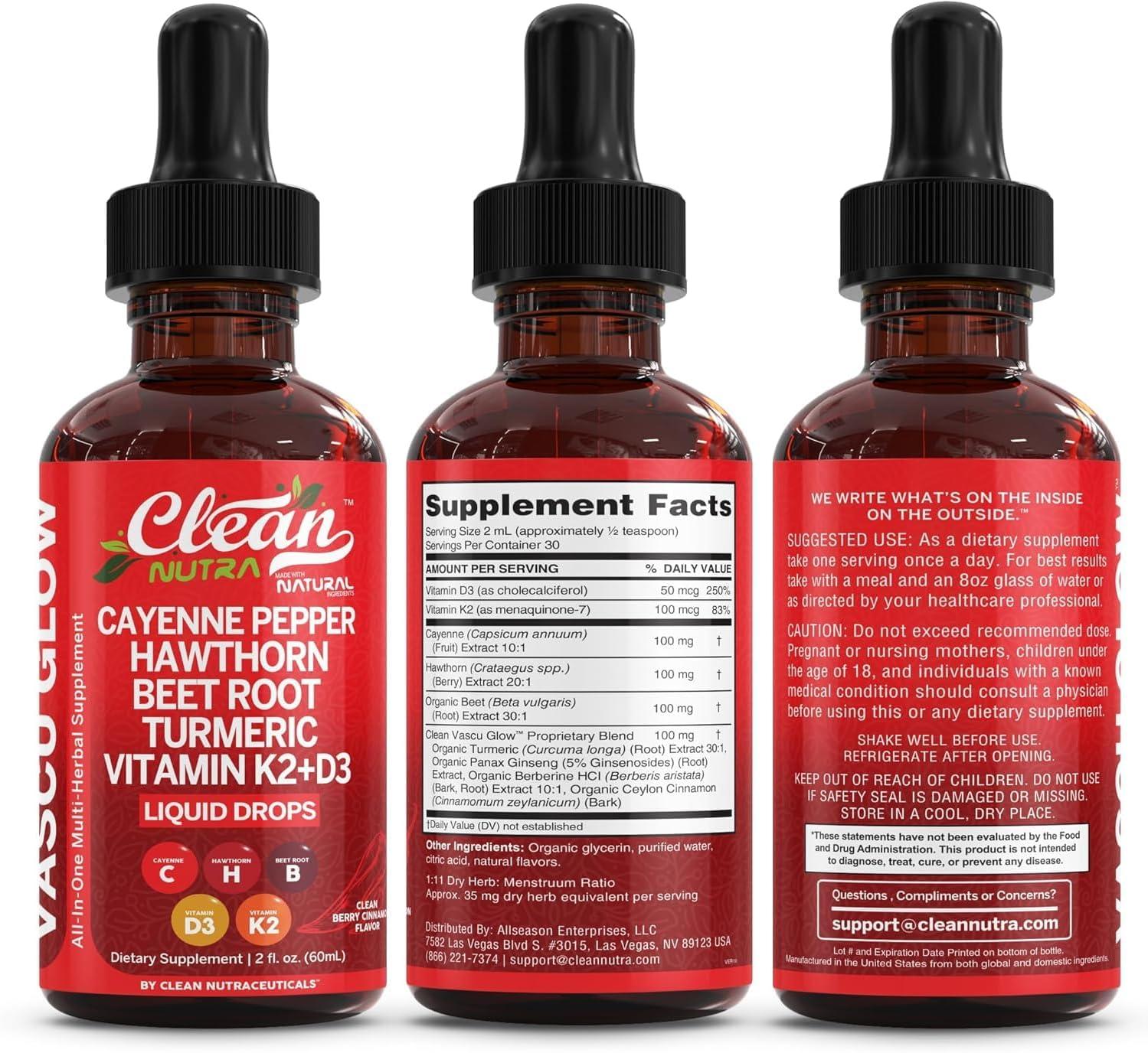 image:imageClean Nutra Cayenne Pepper Drops Supplement Liquid Hawthorn Berry Vitamin D3 K2 Beet Root Powder Ceylon Cinnamon Turmeric Curcumin Organic Panax Ginseng Berberine Extract 1 Pack1