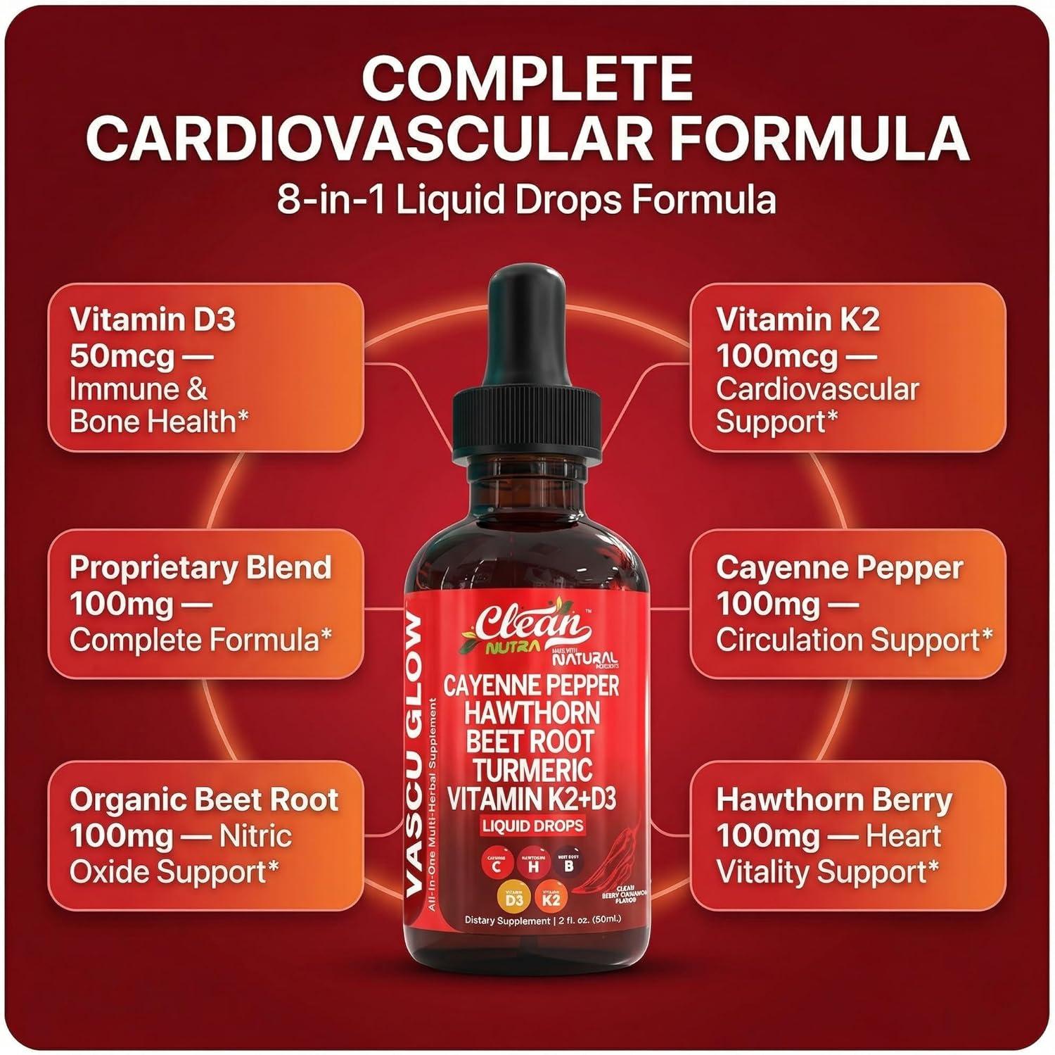 image:imageClean Nutra Cayenne Pepper Drops Supplement Liquid Hawthorn Berry Vitamin D3 K2 Beet Root Powder Ceylon Cinnamon Turmeric Curcumin Organic Panax Ginseng Berberine Extract 1 Pack1